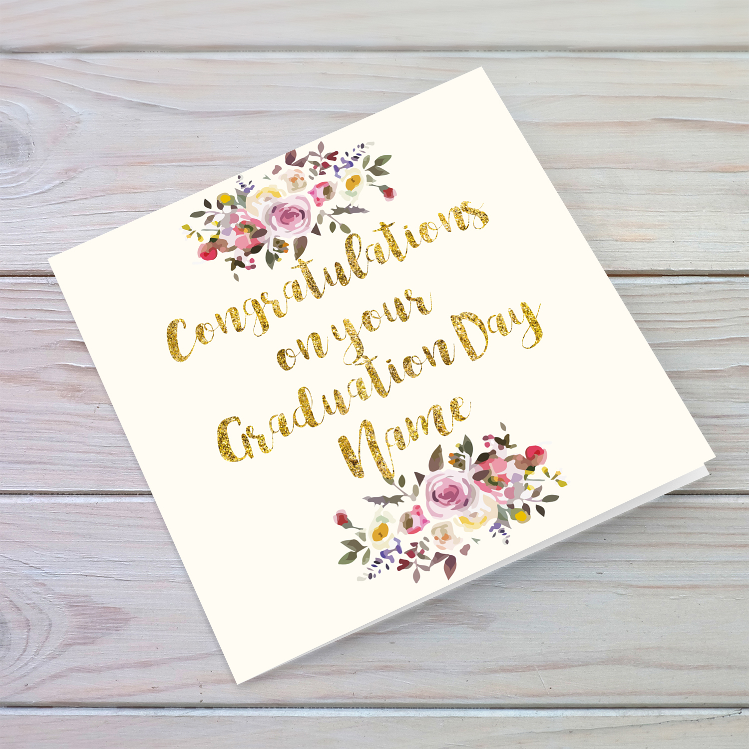 Golden glitter graduation card in English with florals ( Personalisable )