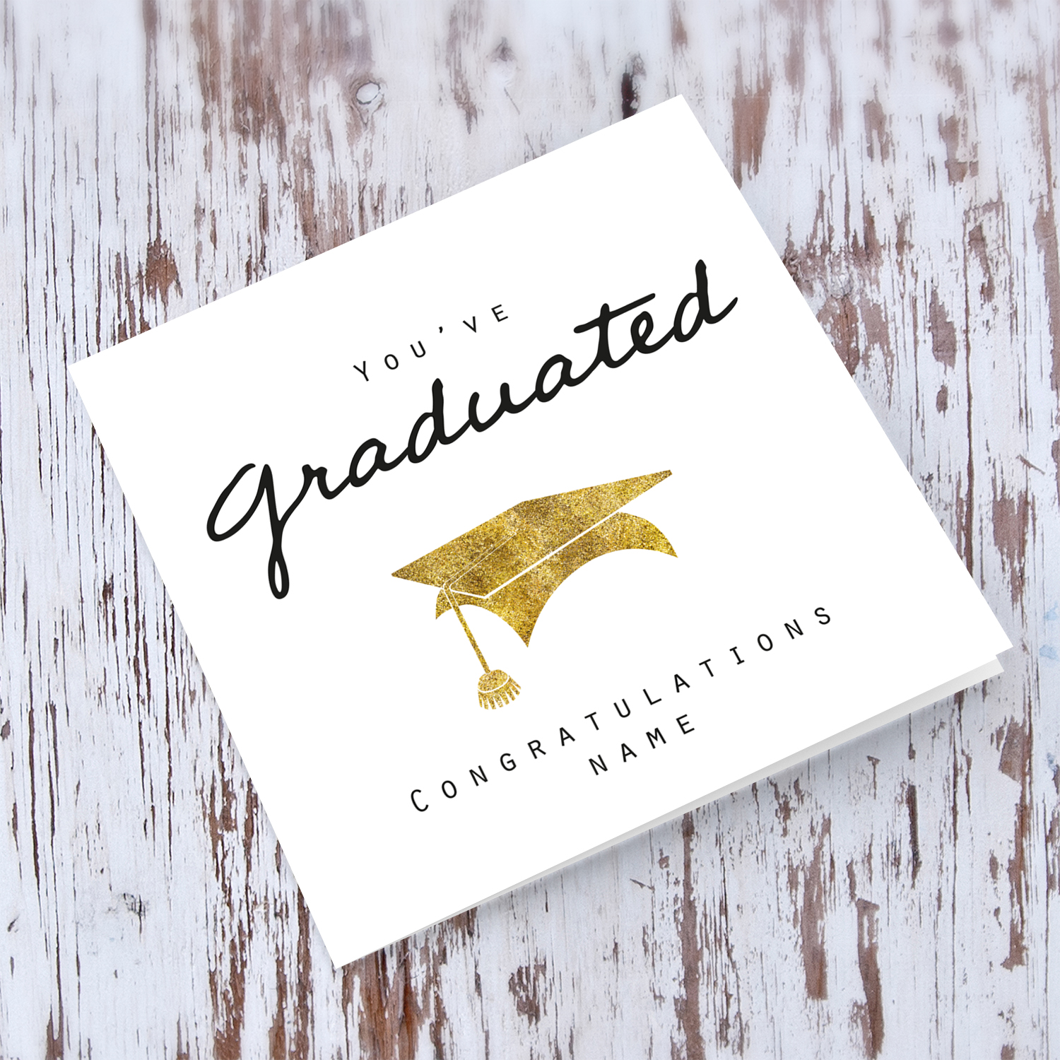 Minimalist Graduation card with golden glitter hat in English (Personalisable)