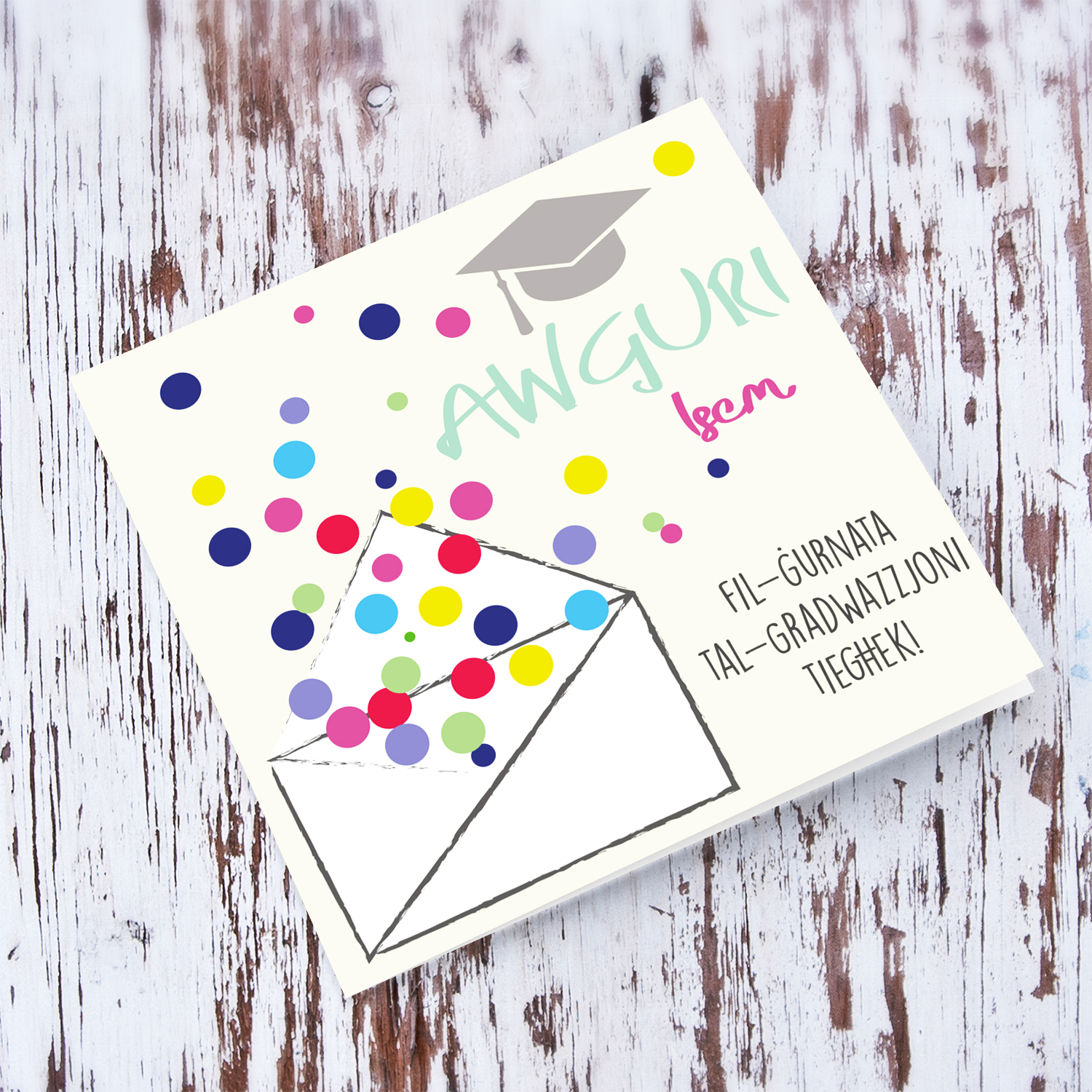 Colourful graduation card with graduation hat with pink Name in Maltese (Personalisable) 