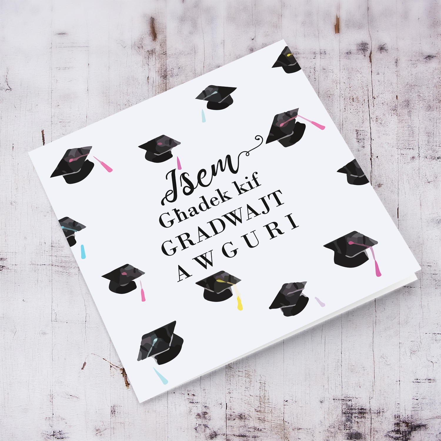 Graduation card with scattered party hats in Maltese (Personalisable& Unisex)