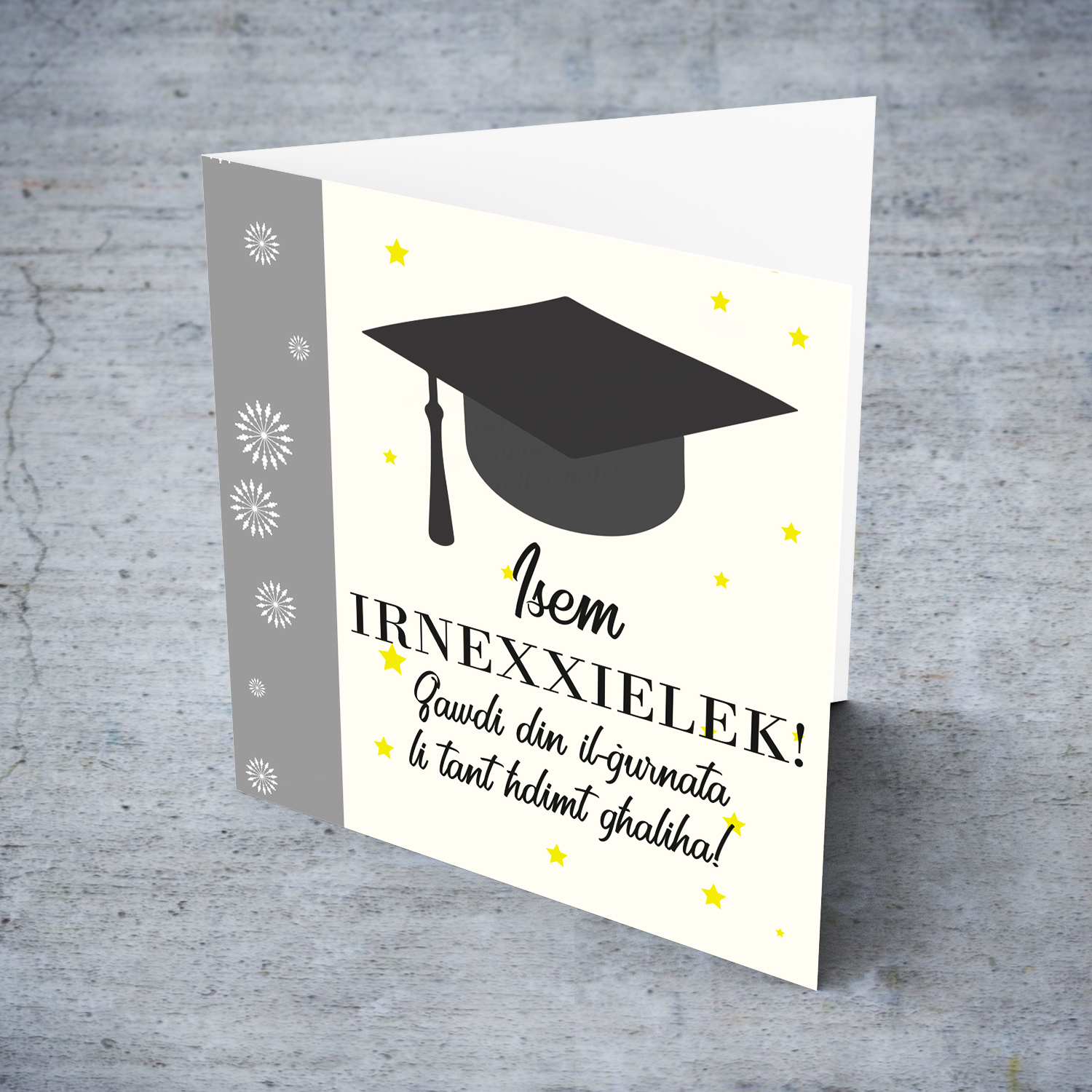 Graduation hat card with yellow stars in Maltese (Unisex & Personalisable)