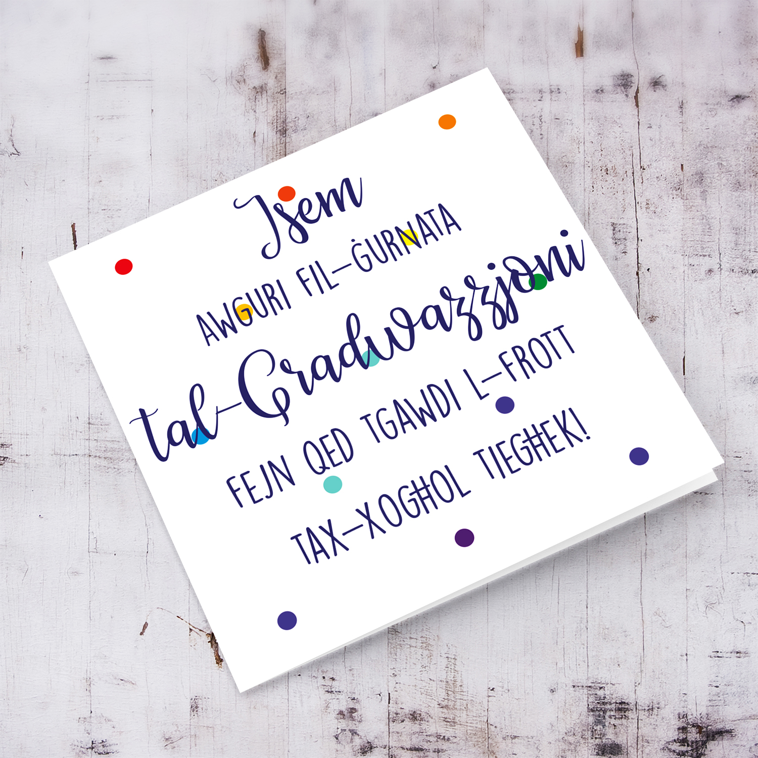 Colourful polka dot Graduation card in blue text (Maltese, Unisex and personalisable)