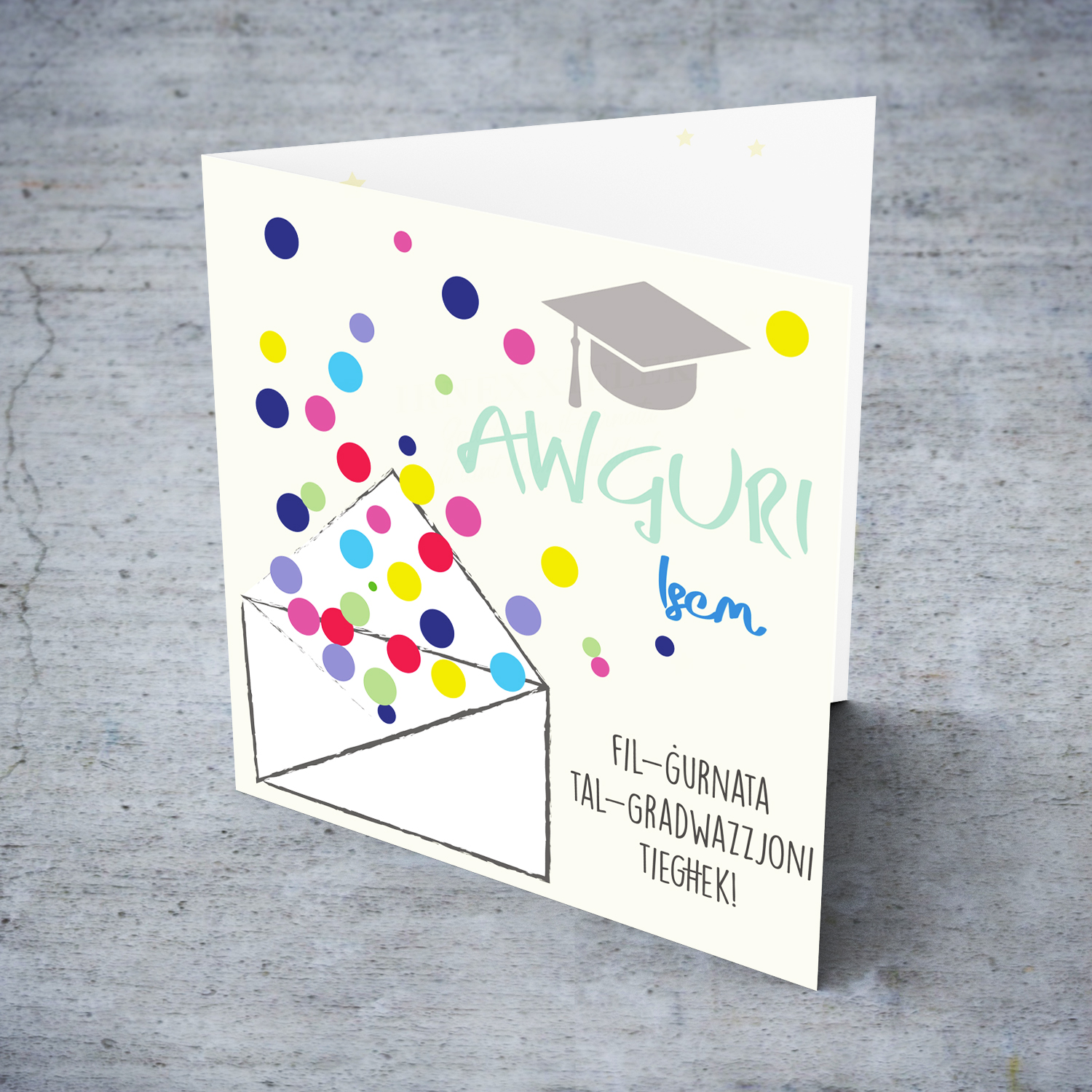 Colourful graduation card with graduation hat with blue Name in Maltese (Personalisable)