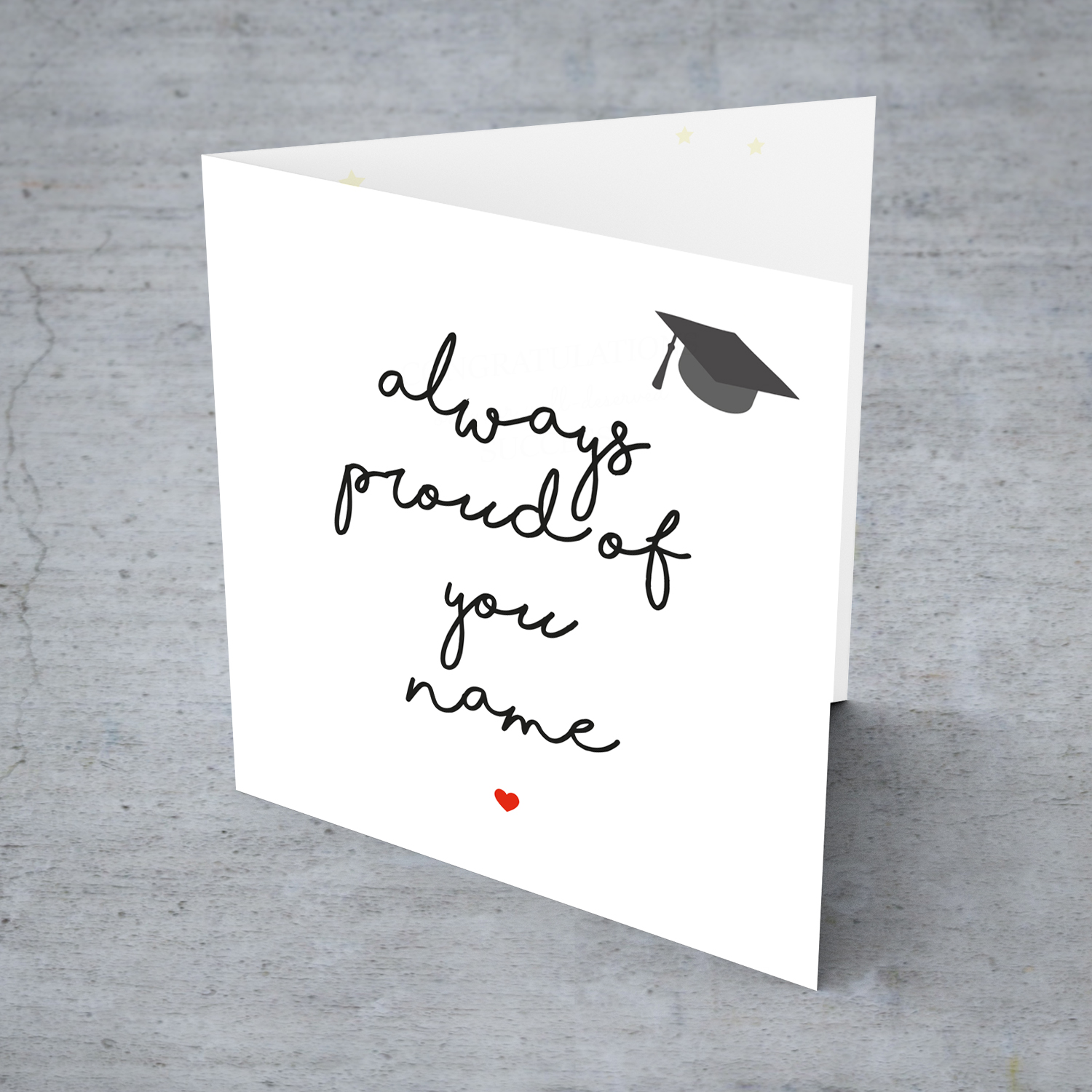 Minimalist Graduation Card with small graduation hat and red heart in English (Personablisable & Unisex)