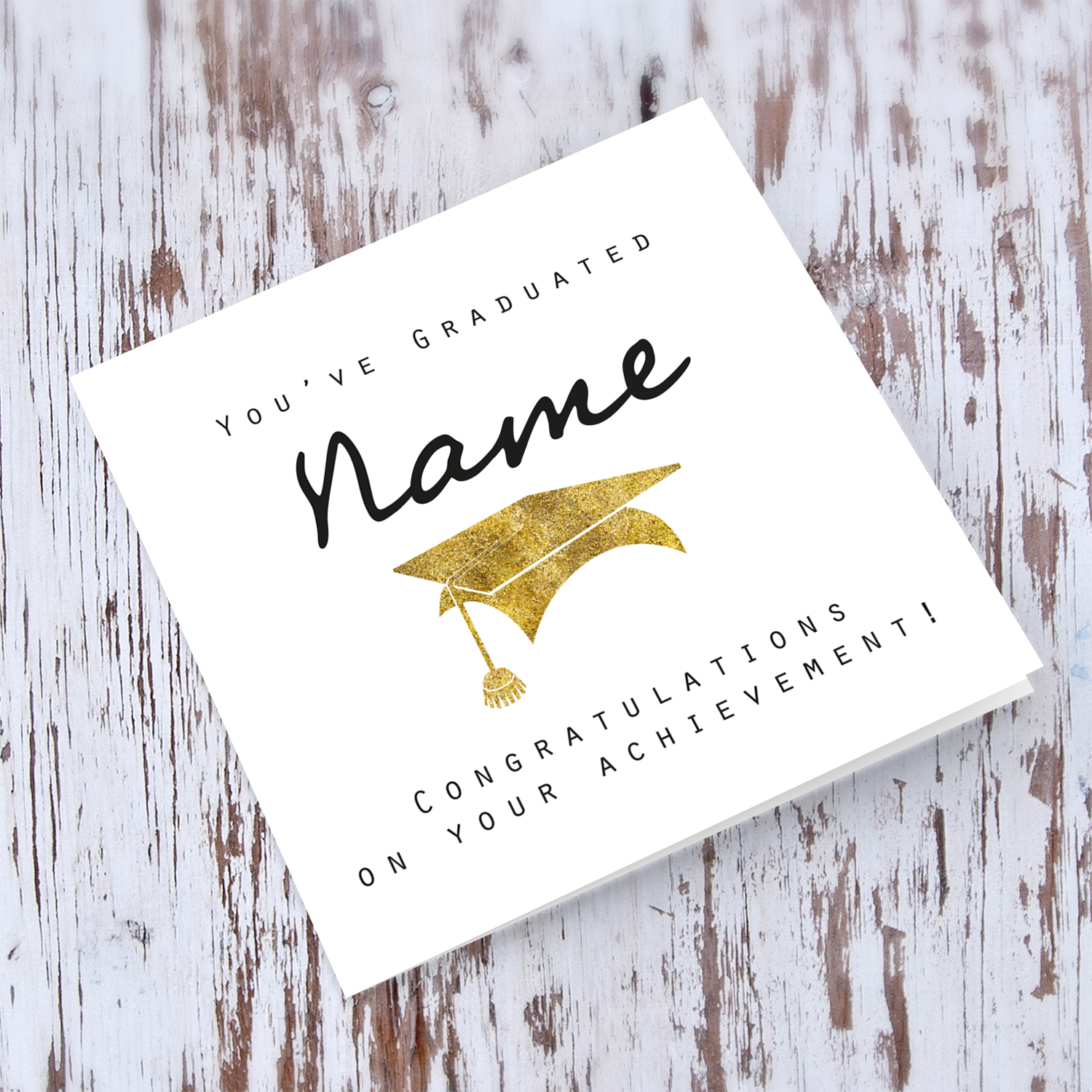 Minimalist Graduation card with golden glitter hat in English (Personalisable & Unisex)