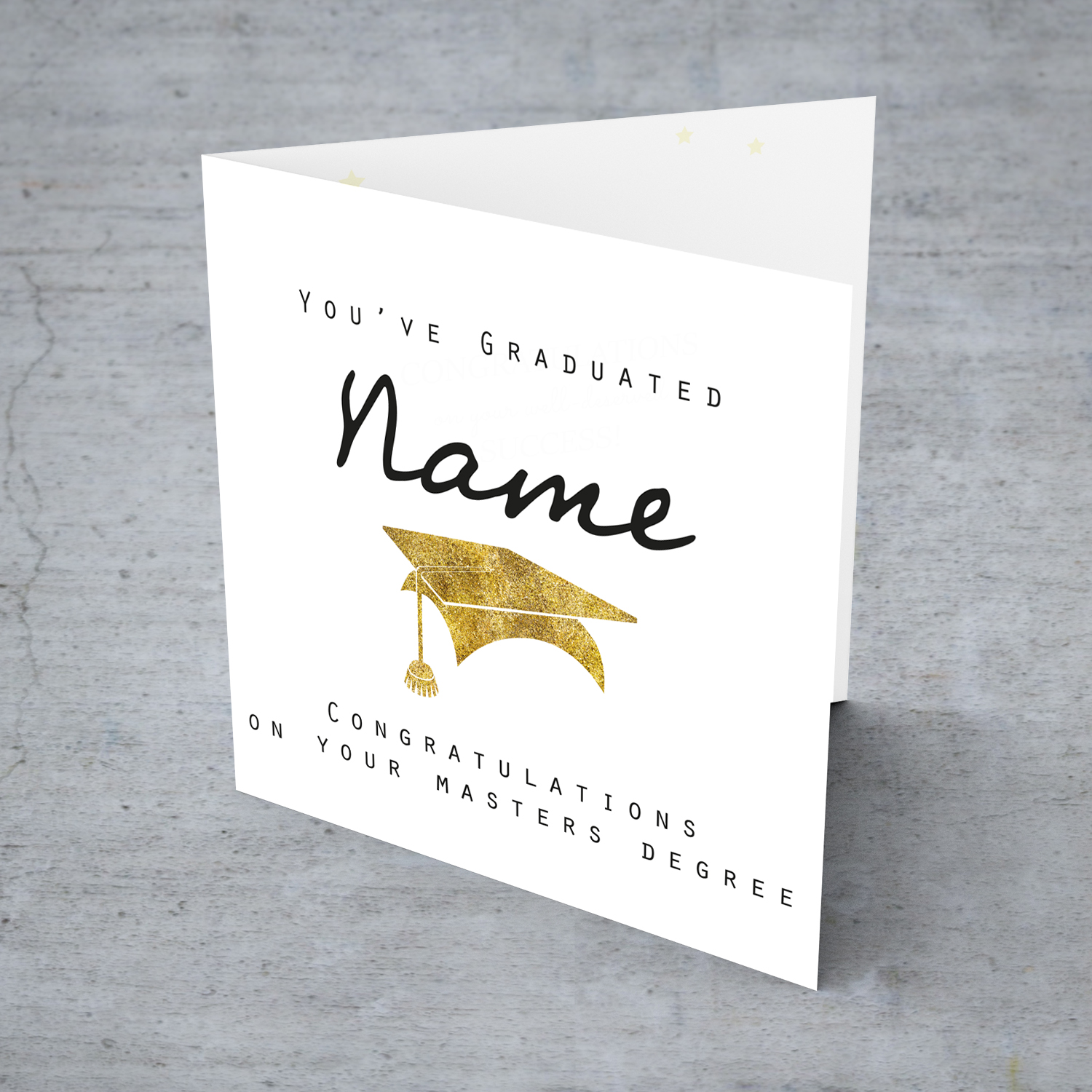 Minimalist Graduation Masters Degree card with golden glitter hat in English (Personalisable & Unisex)