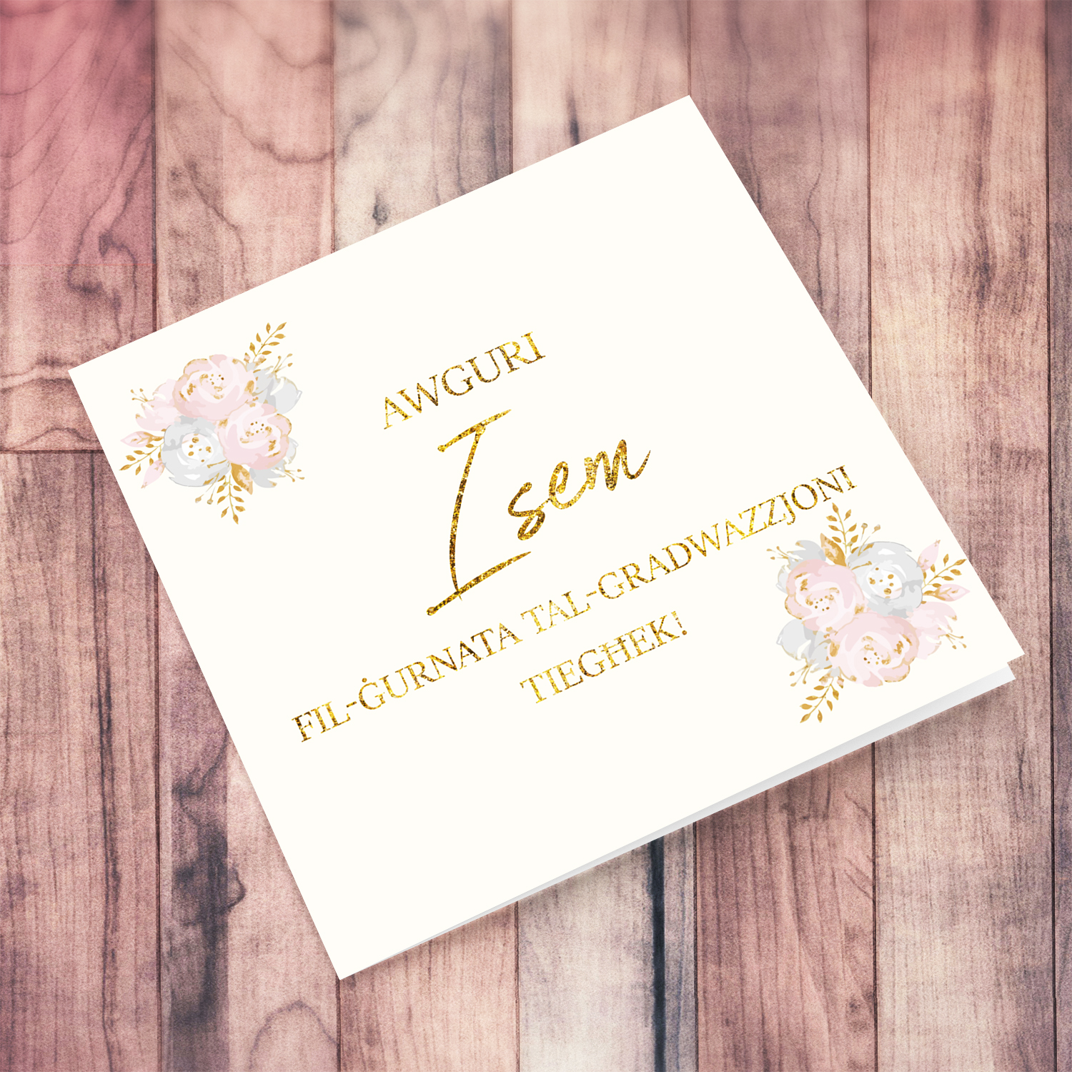 Golden glitter graduation card with florals in Maltese (Personalisable)