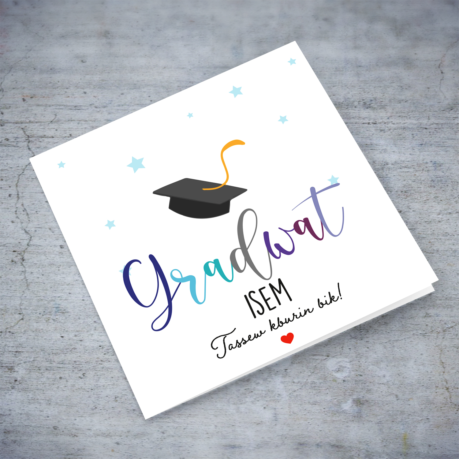 Colourful text Graduation card in Maltese (male & personalisable)