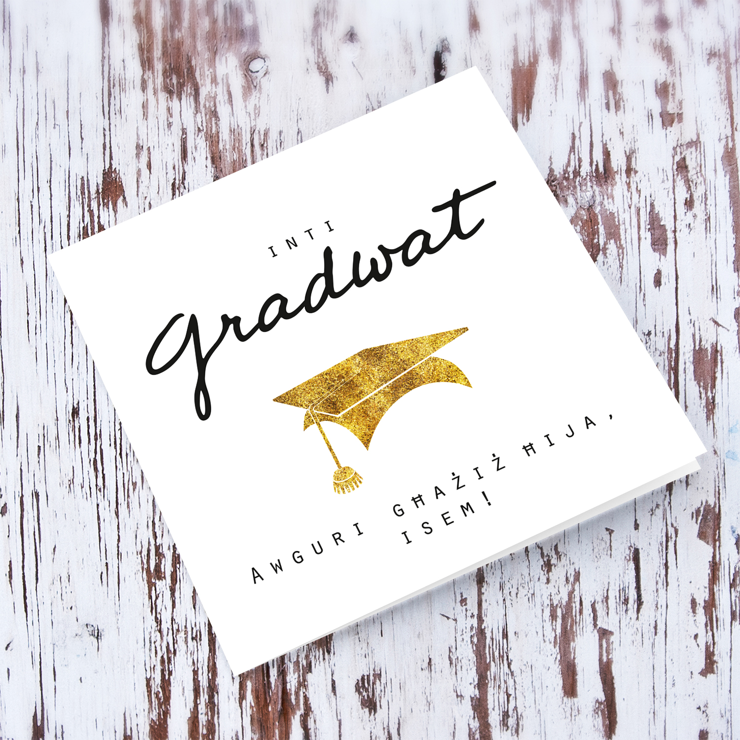 Minimalist Graduation card for BROTHER with golden glitter hat in Maltese (Personalisable)