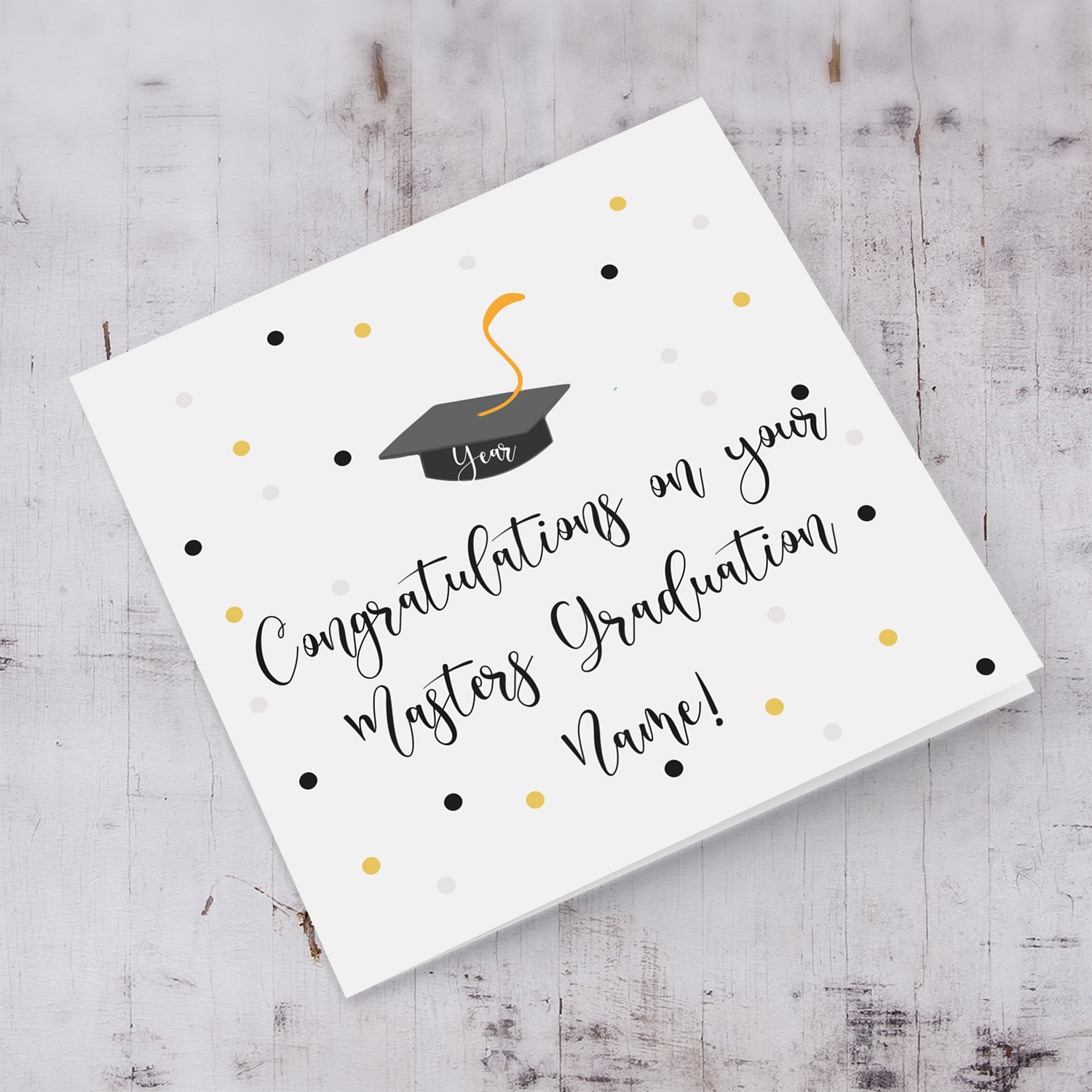 Masters Graduation card with gray background, graduation hat and scattered coloured dots in English (Personalisable)