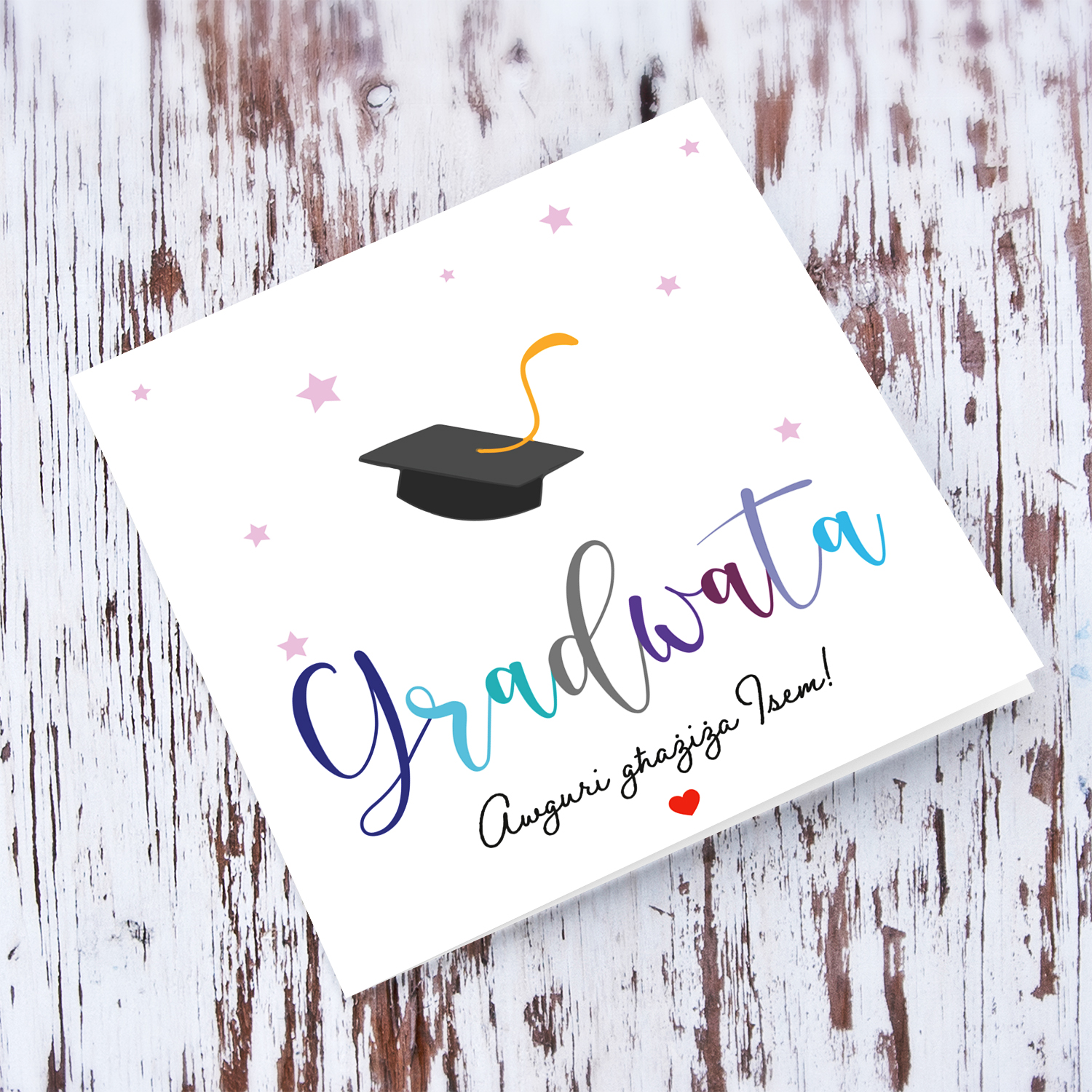 Colourful text Graduation card in Maltese (female & personalisable)