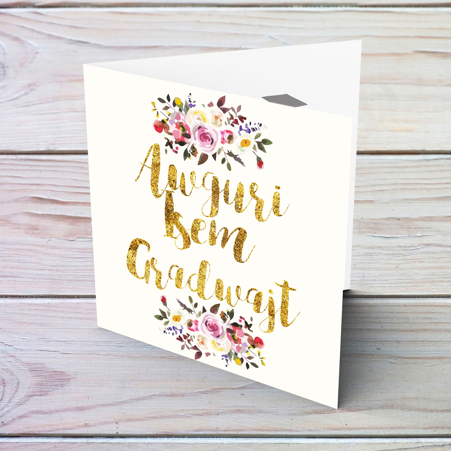Golden glitter graduation card with florals in Maltese (Personalisable)