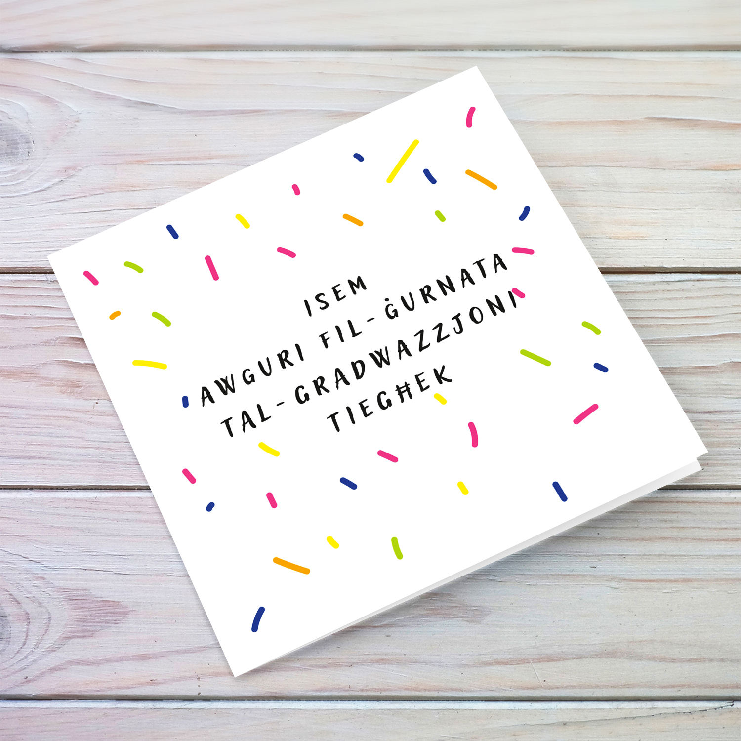 Colourful graduation card in Maltese with scattered confetti (Personaliseable)