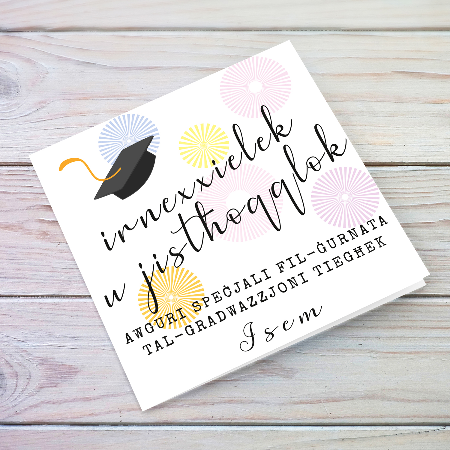 You did it and you deserve it - Graduation card with blue and pinkish designs and graduation hat in Maltese (Personalisable)