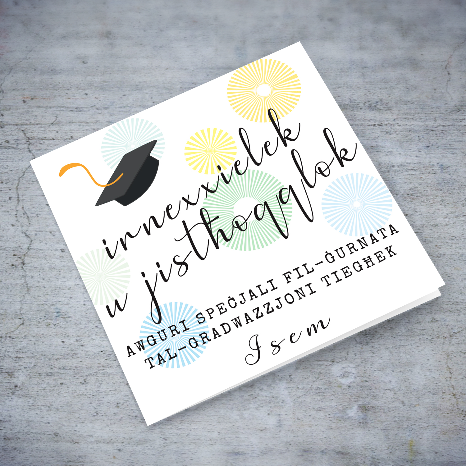 You did it and you deserve it - Graduation card with blue and green designs and graduation hat in Maltese (Personalisable)