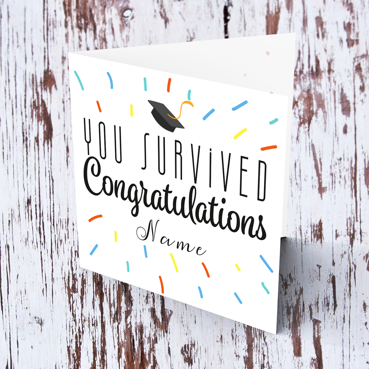 Colourful & funny graduation card - You Survived congratulations in English with bluish confetti (Personalisable)