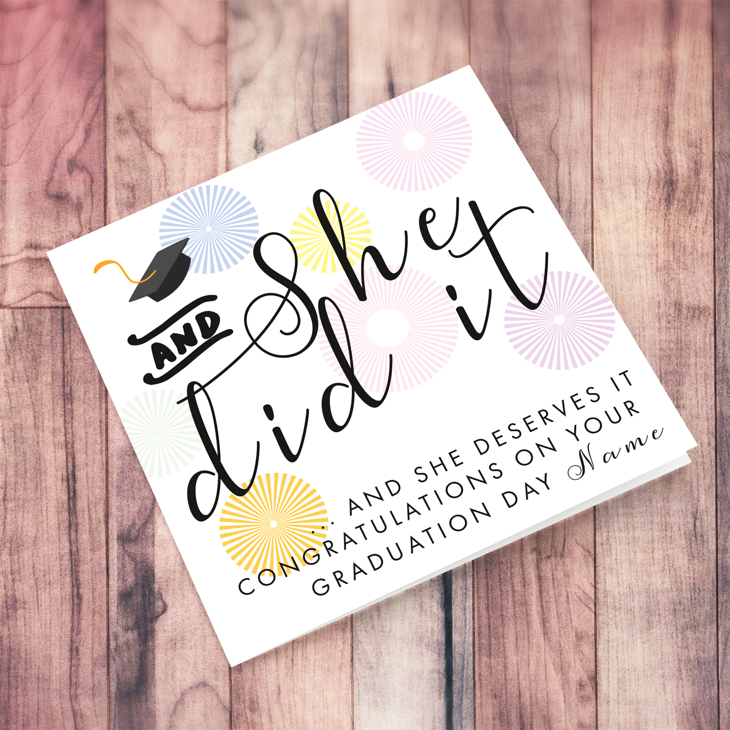 You did it and he deserve it - Graduation card with blue and green designs and graduation hat in English (Female & Personalisable)