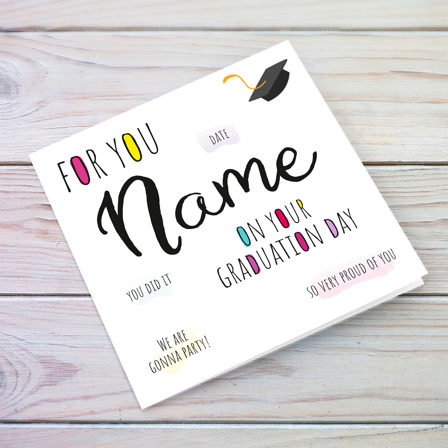 Colourful, minimalist & Modern graduation card with positive messages in English (Personalisable)