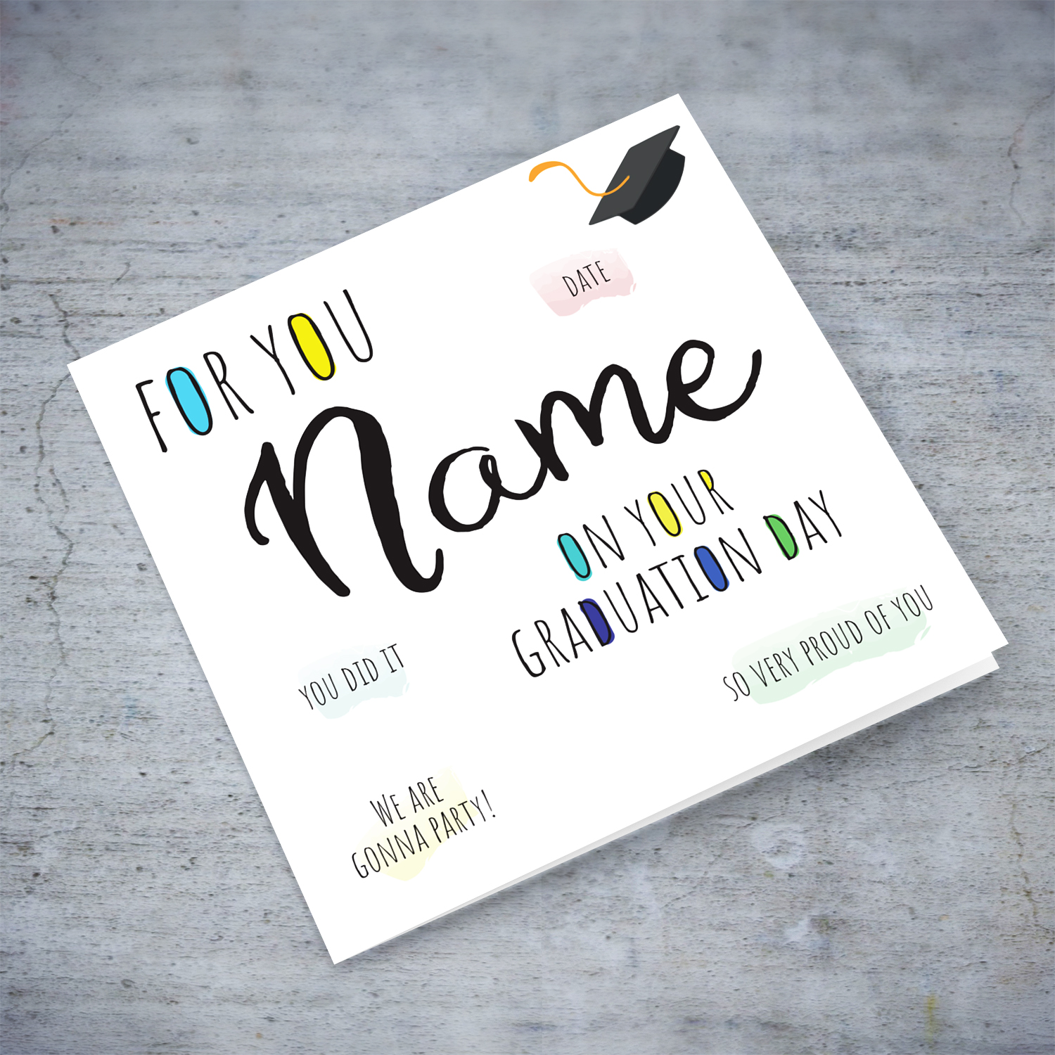 Colourful, minimalist & Modern graduation card with positive messages in English (Personalisable)