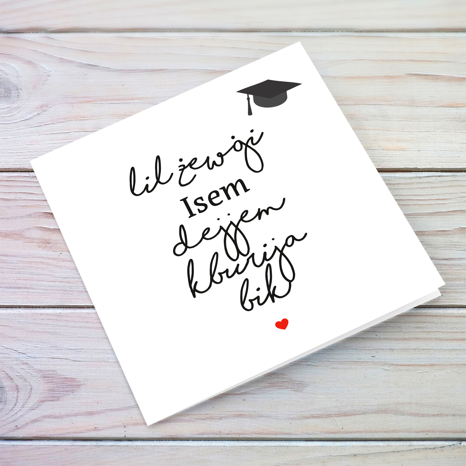 Husband - Minimalist graduation card for husband with grad hat and small red heart in Maltese (Personalisable)