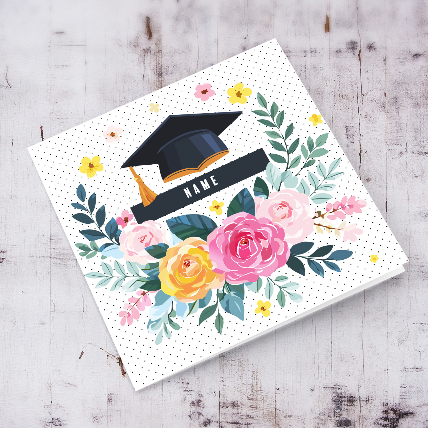 Colourful floral wreath graduation card with hat in English (Personalisable)