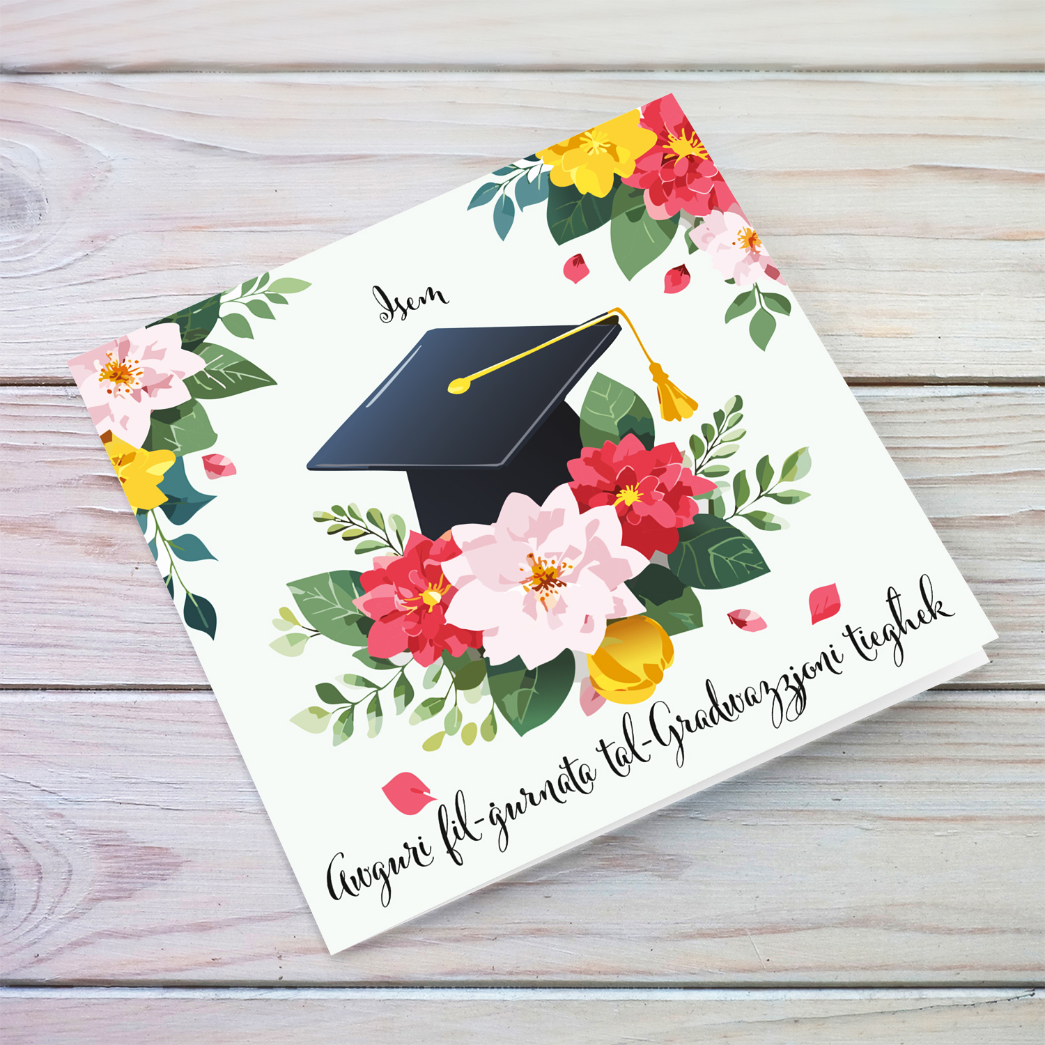 Flower themed personalisable graduation card in Maltese