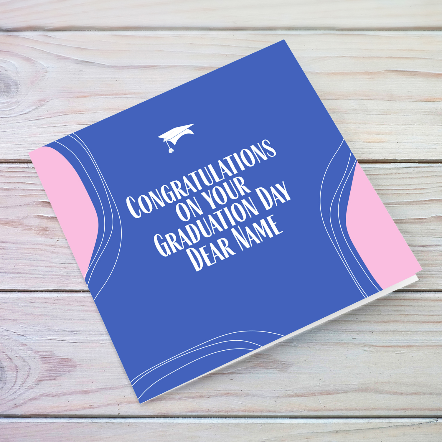 Modern background in blue with pink touches & graduation hat in English (Personalisable)
