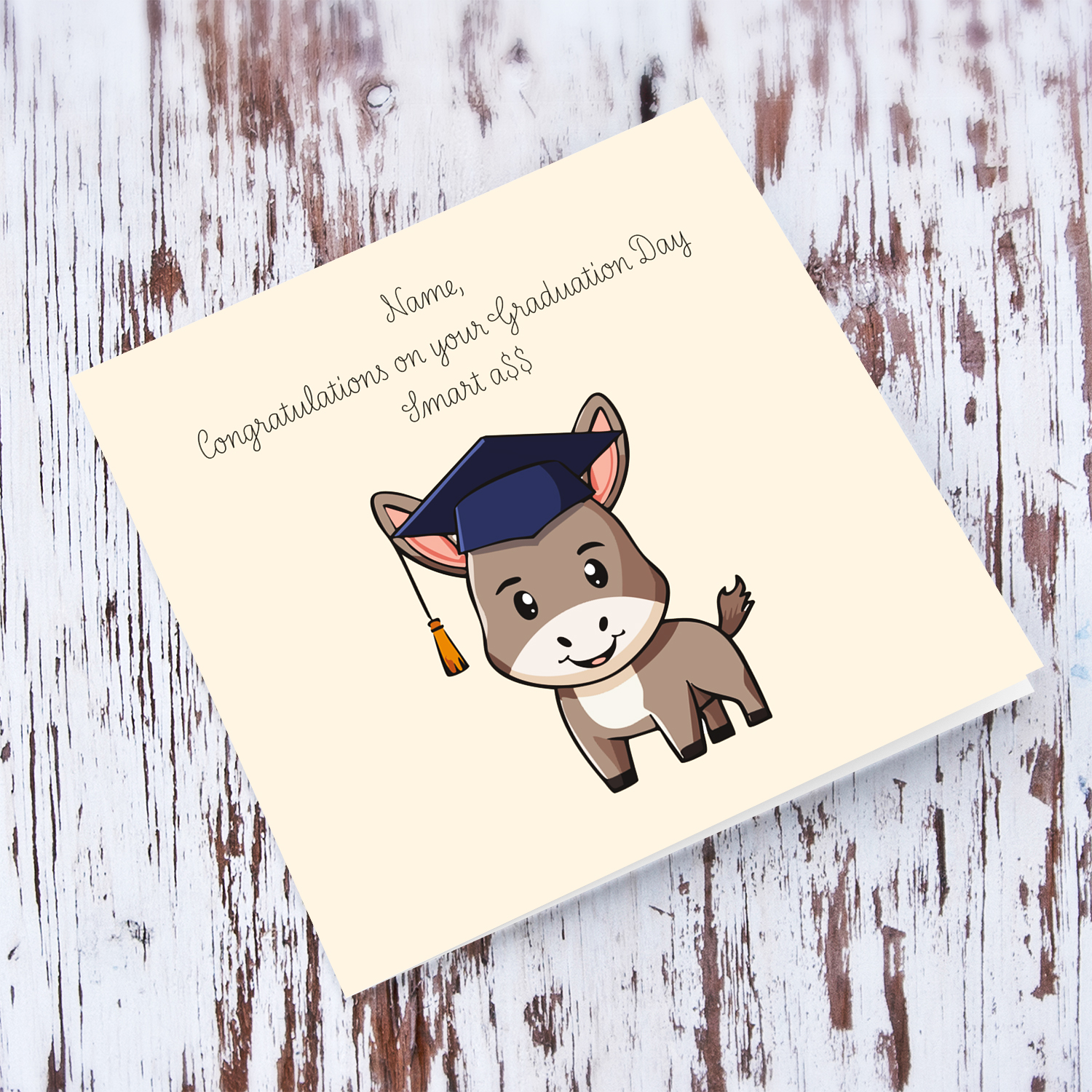 Funny Graduation card with a cute donkey wearing a graduation hat in English (Personalisable)