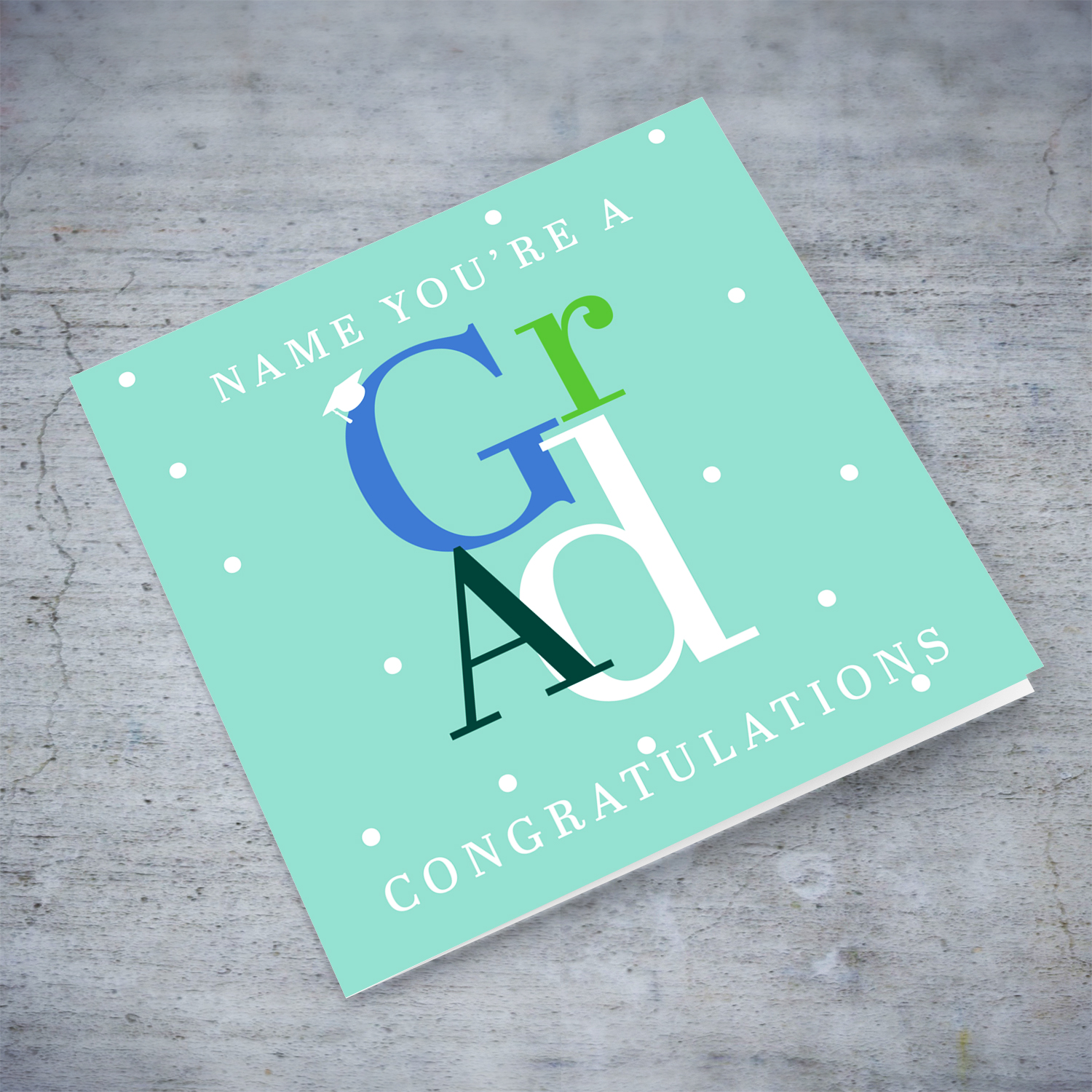 Modern graduation card in light green background with text in different shades of blue and green in English (Personalisable)