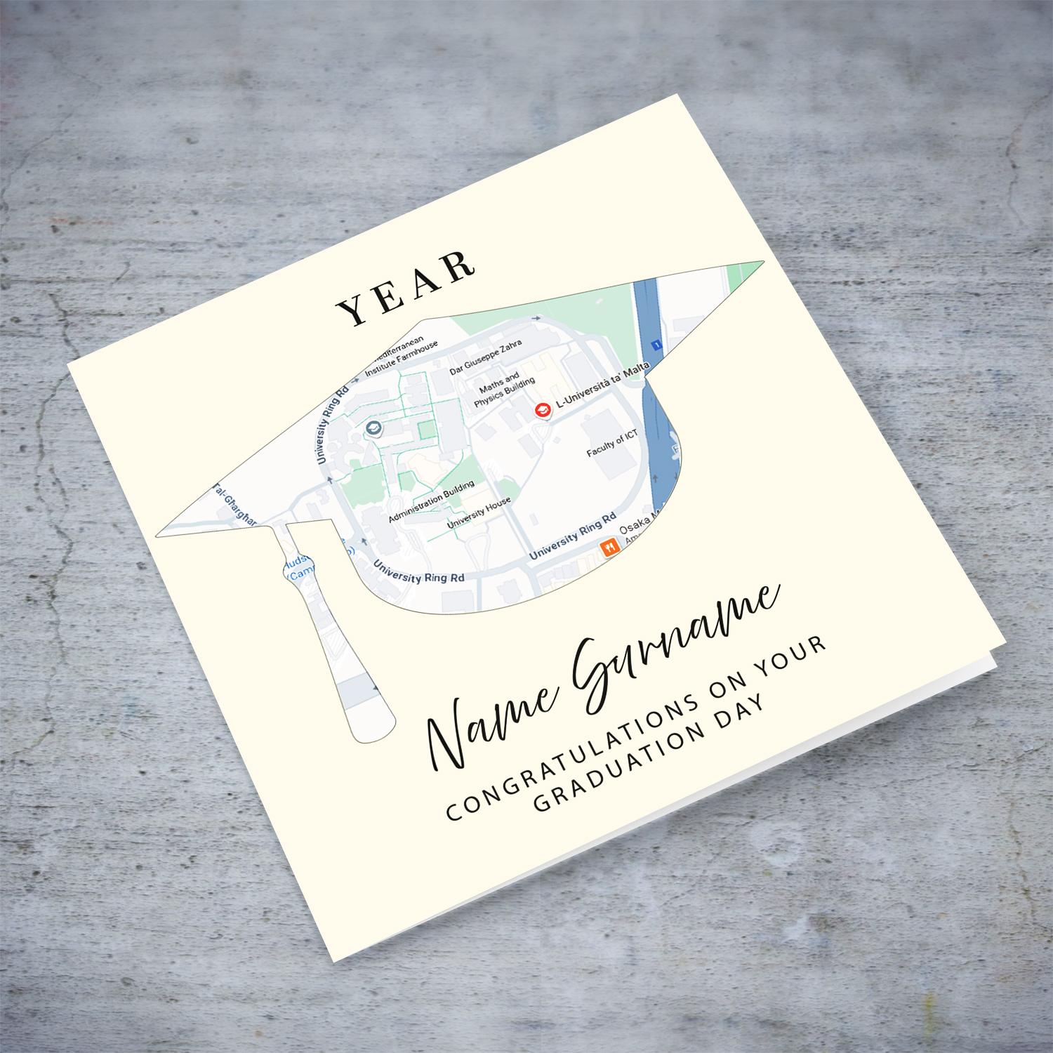 A special graduation card featuring a map of the University of Malta in the shape of a graduation hat in English (Unisex & Personalisable)
