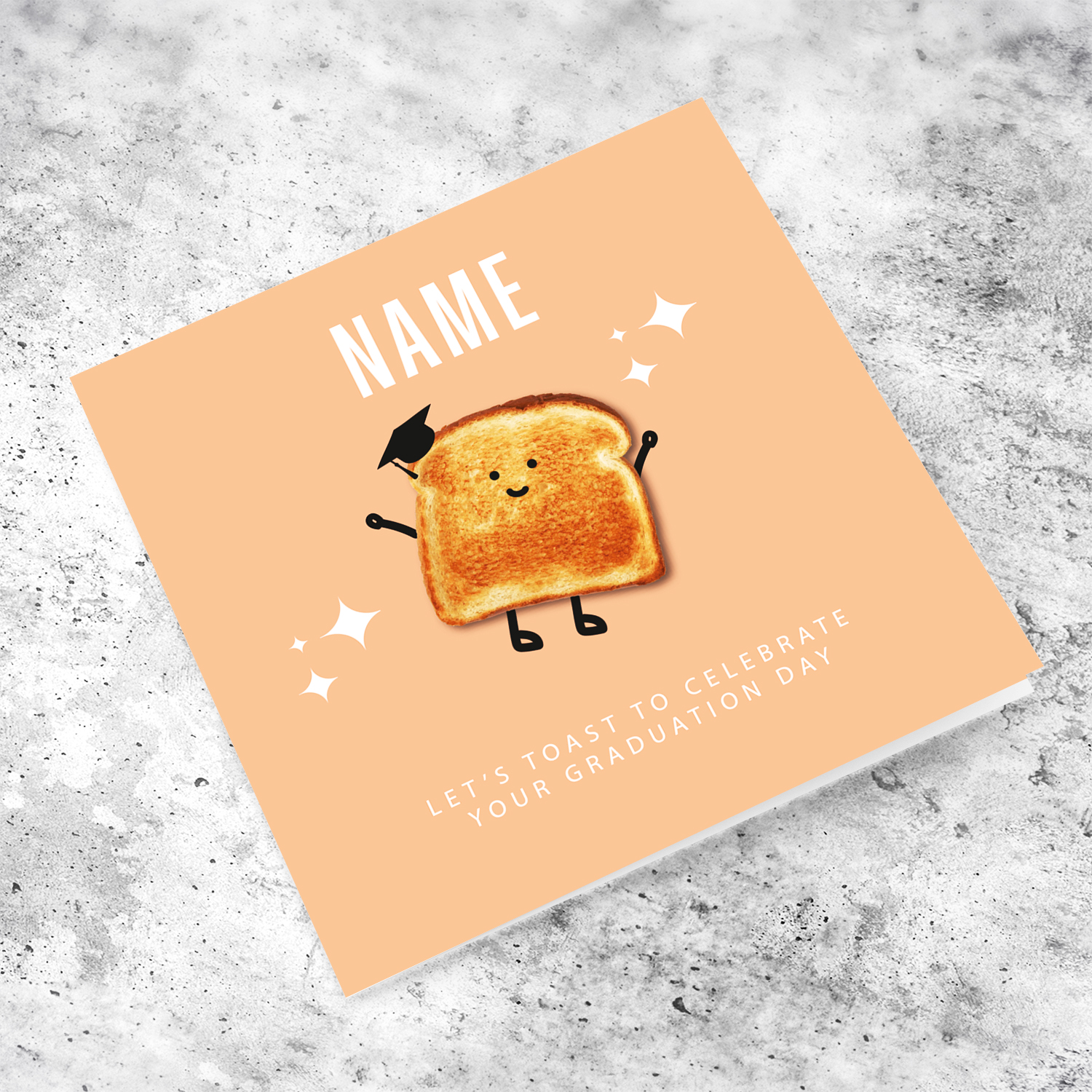 A cute graduation card featuring a toast wearing graduation hat - Let's toast to celebrate your graduation day - in English (Personalisable)