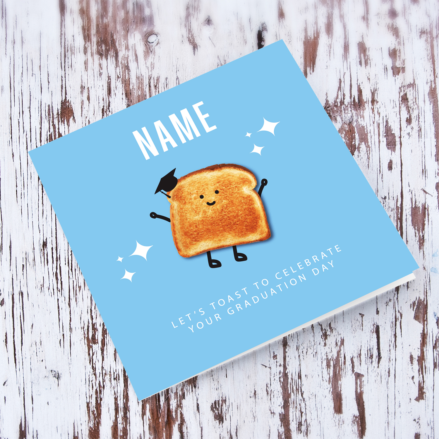 A cute graduation card featuring a toast wearing graduation hat in light blue background - Let's toast to celebrate your graduation day - in English (Personalisable)