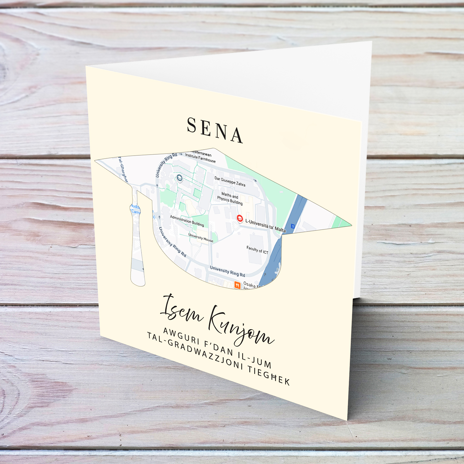 A special graduation card featuring a map of the University of Malta in the shape of a graduation hat in Maltese (Unisex & Personalisable)