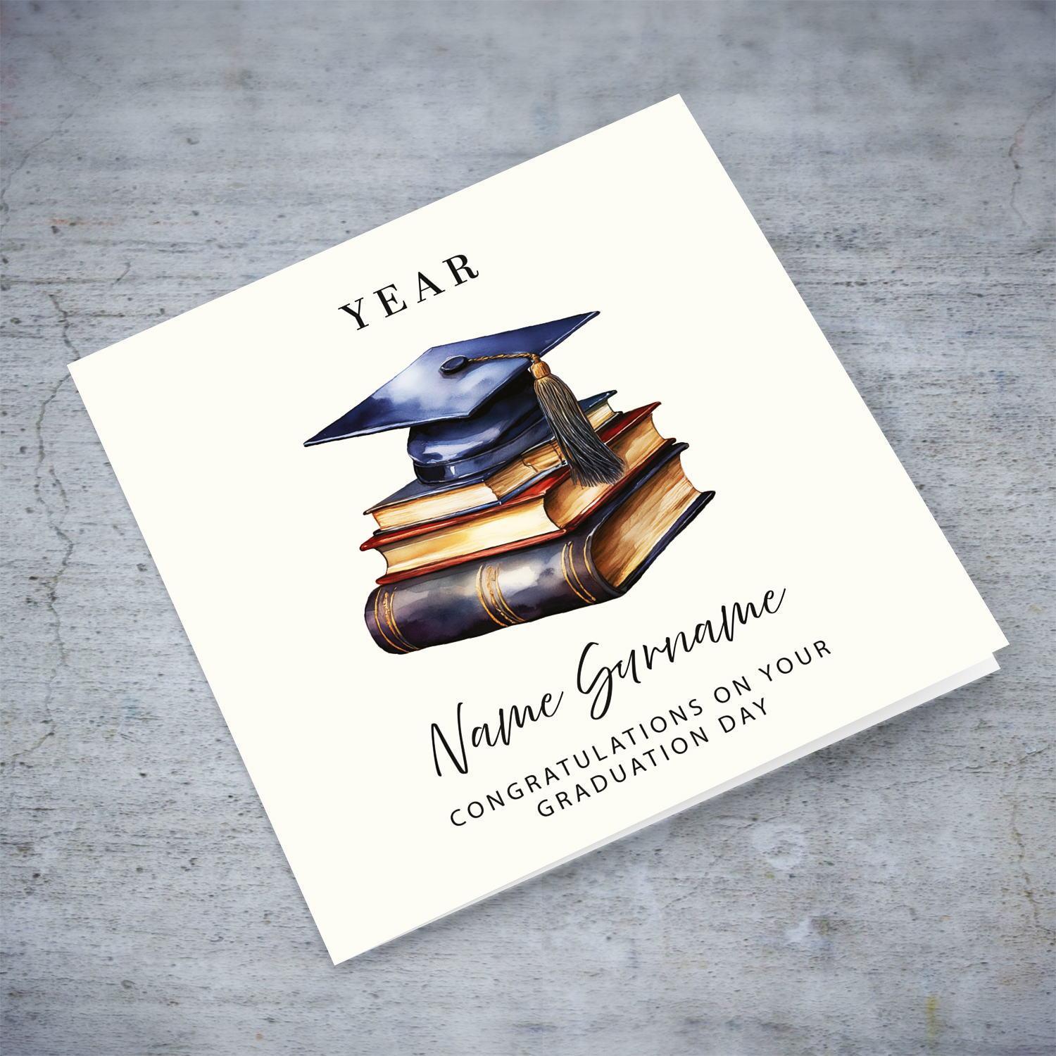 A graduation card featuring a graduation hat sitting on a stack of books in a neutral background in English (Personalisable)