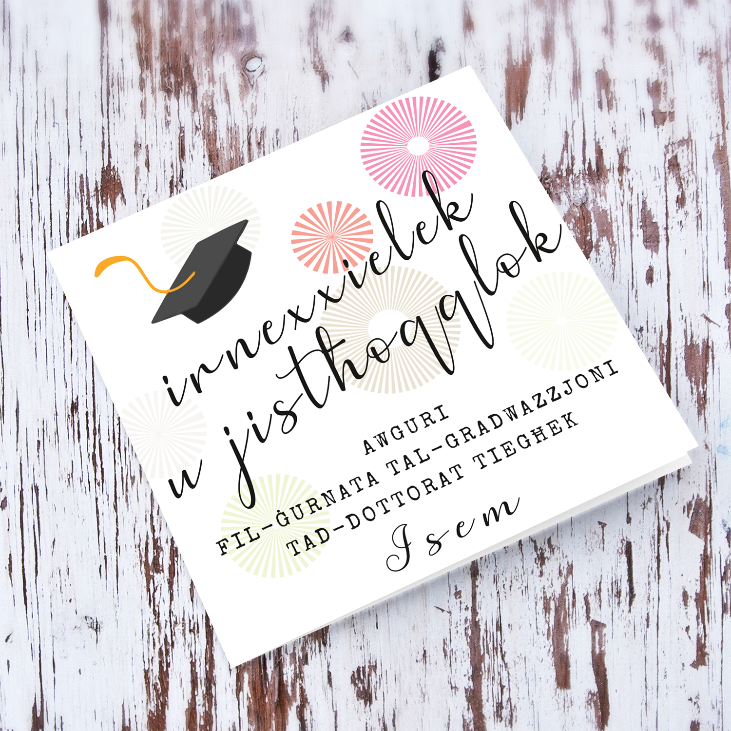 You did it and you deserve it - Doctorate Graduation card with blue and pinkish designs and graduation hat in Maltese (Personalisable)