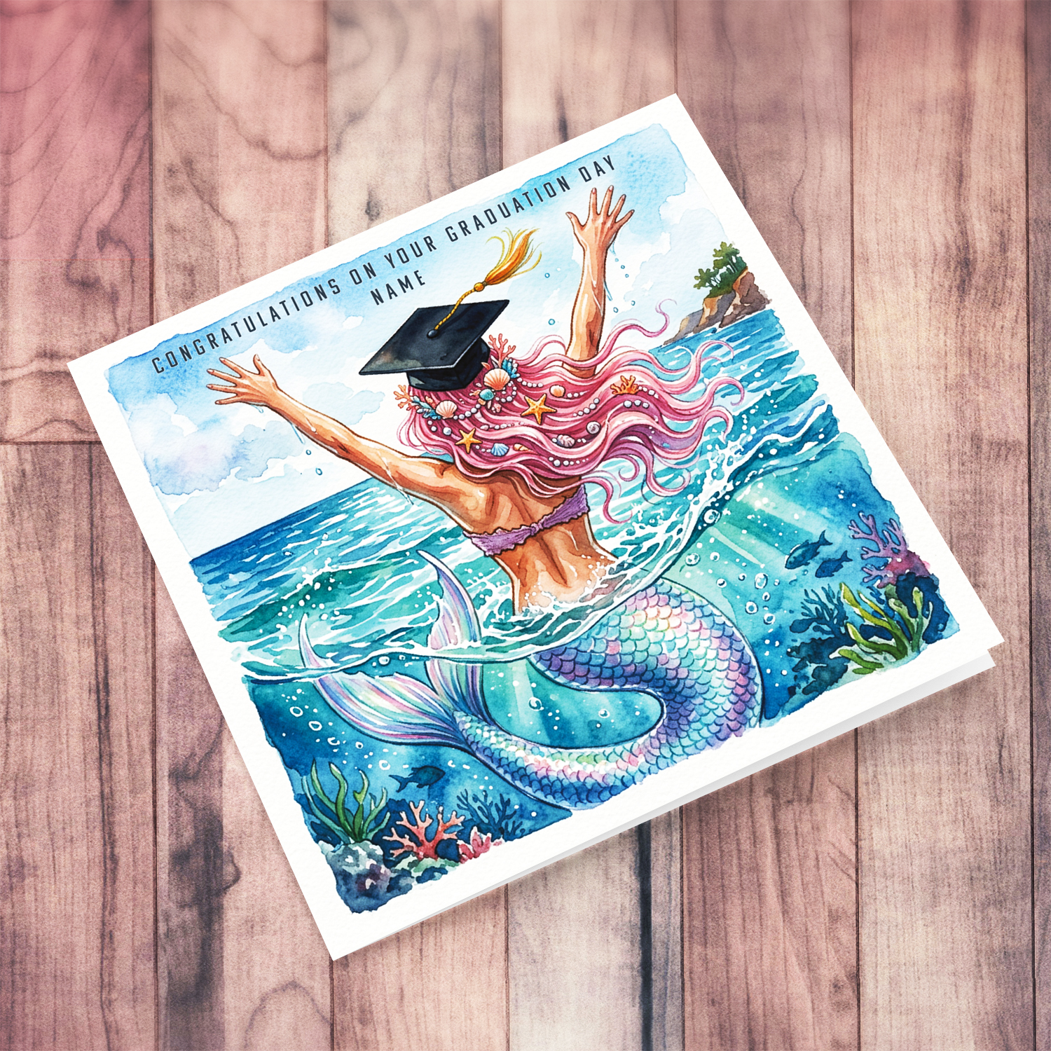 A mermaid theme graduation card featuring a mermaid in the sea, celebrating her success in English (Personalisable)