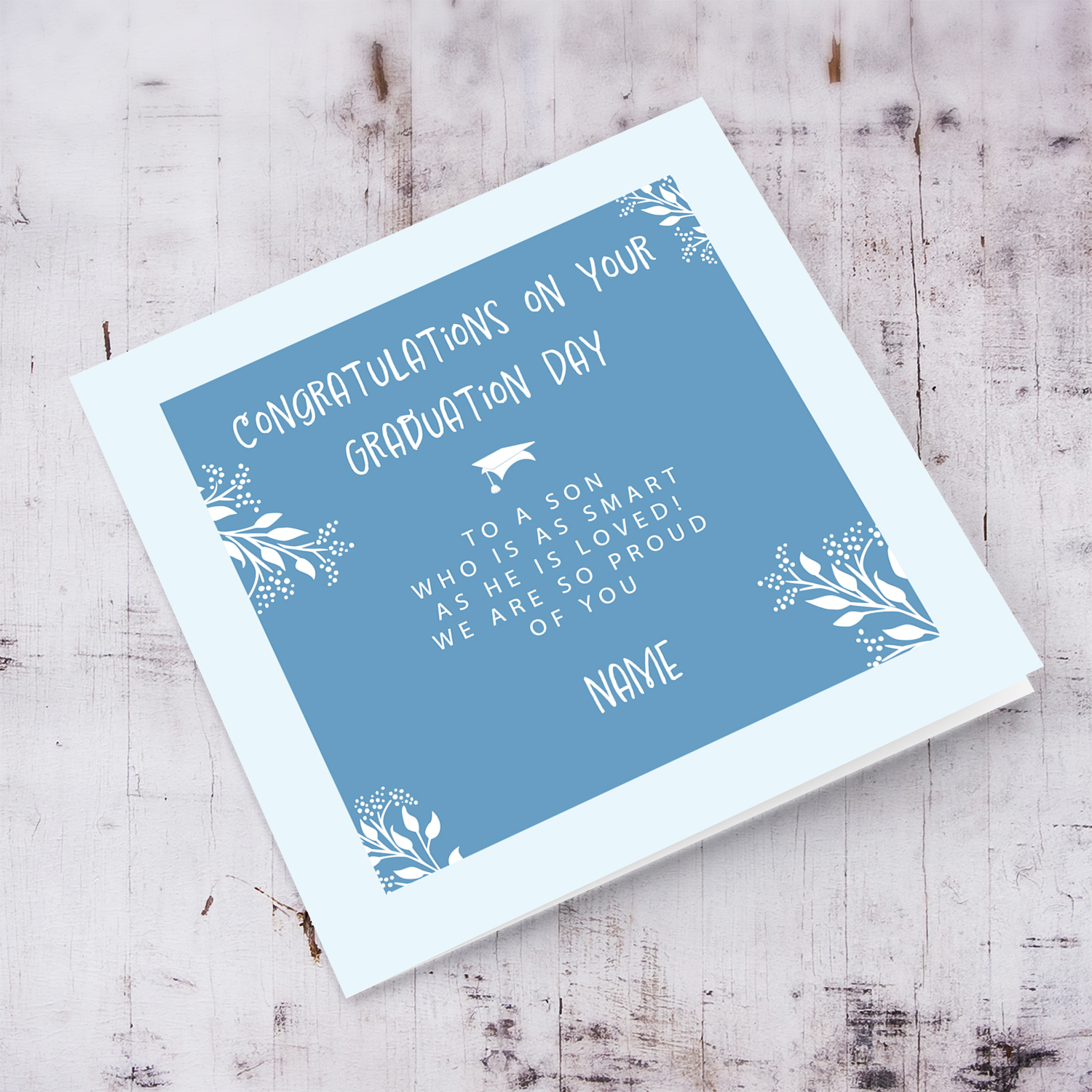 An graduation card for son in two toned blue colour scheme in English (Personalisable)