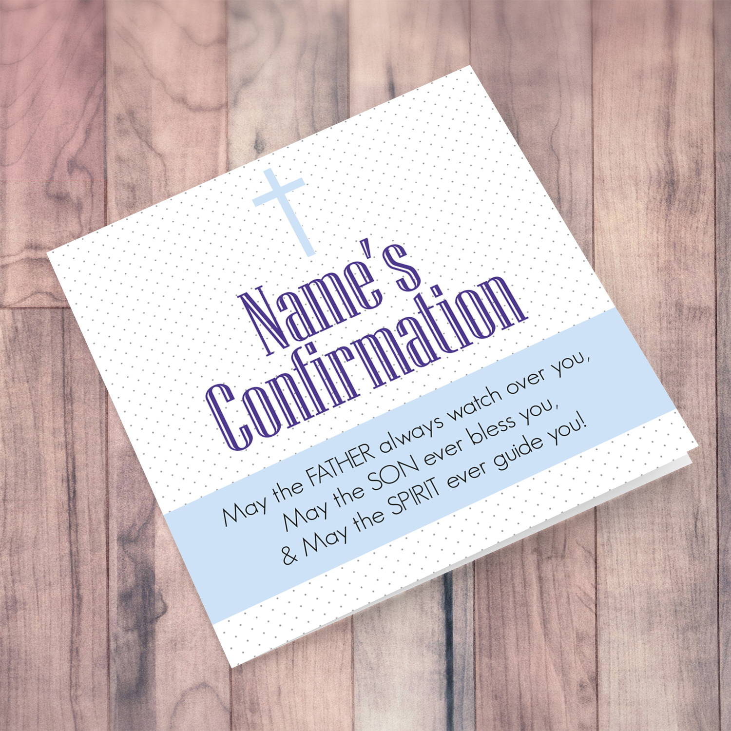 Spotted background personalisable Confirmation card in English with blue sash and holy cross