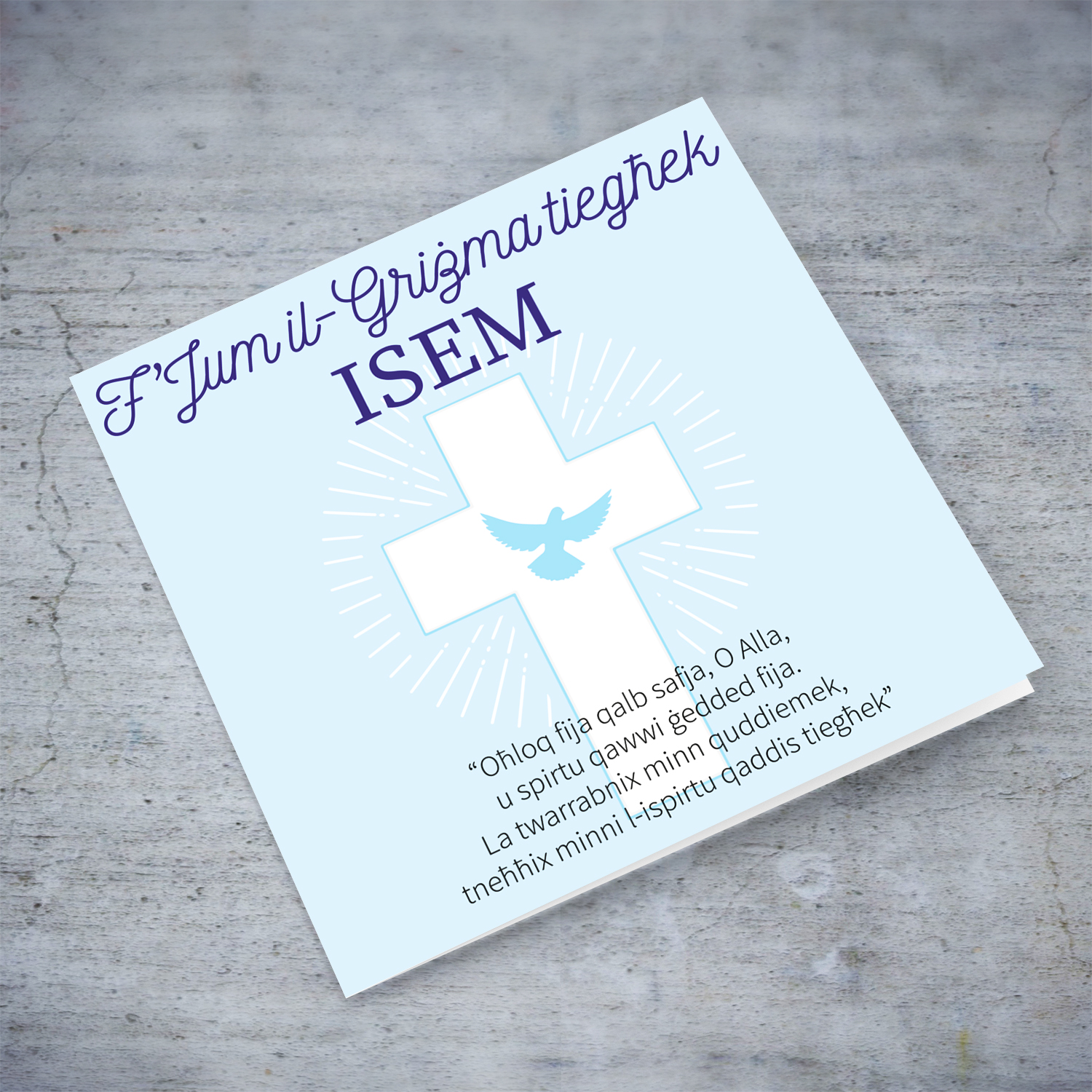 Confirmation card with light blue background cross and the holy spirit in Maltese (personalisable)