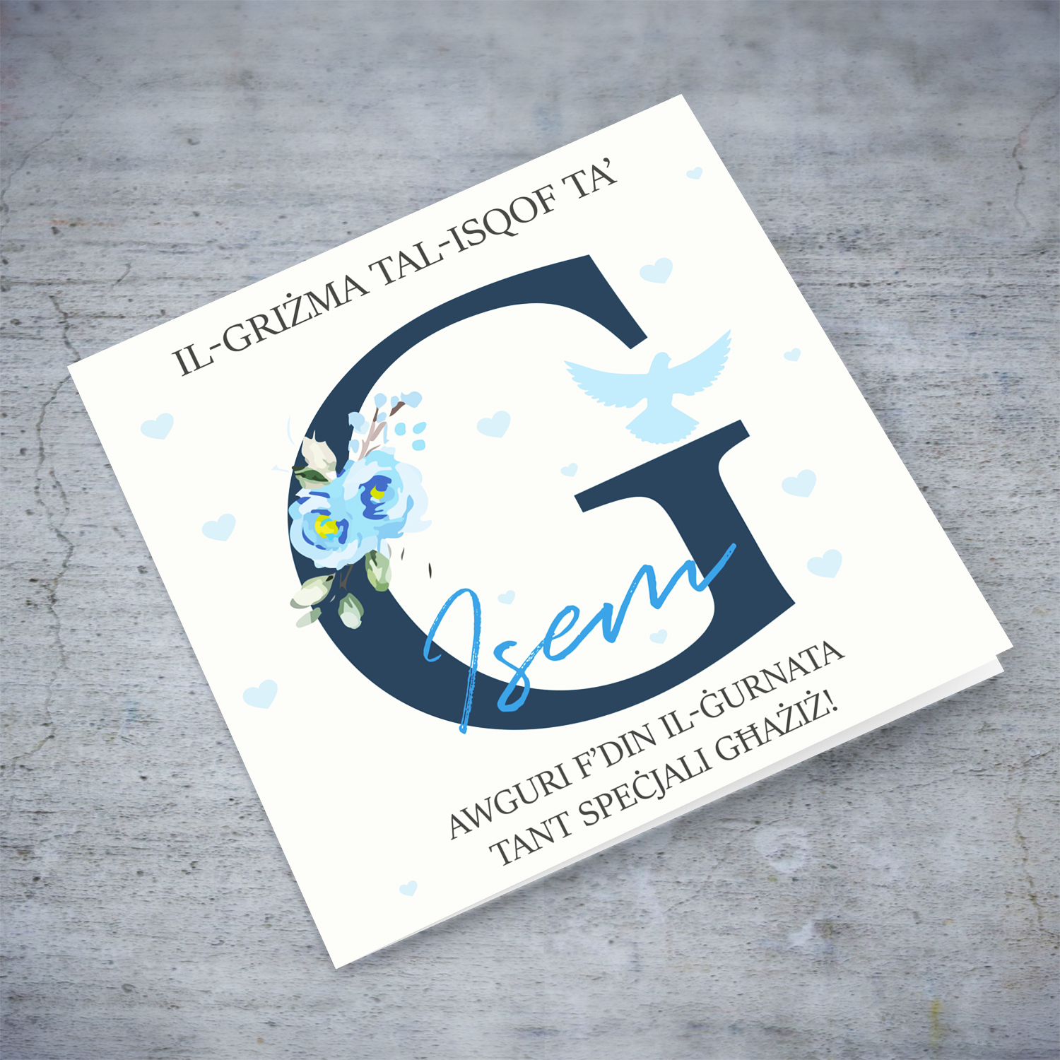 G - Initial Confirmation Card for Boys, with Holy Spirit in Maltese