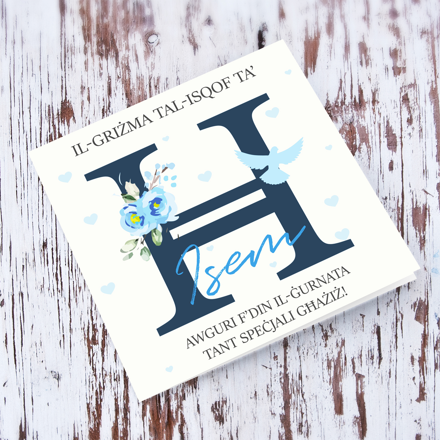 Ħ - Initial Confirmation Card for Boys, with Holy Spirit in Maltese
