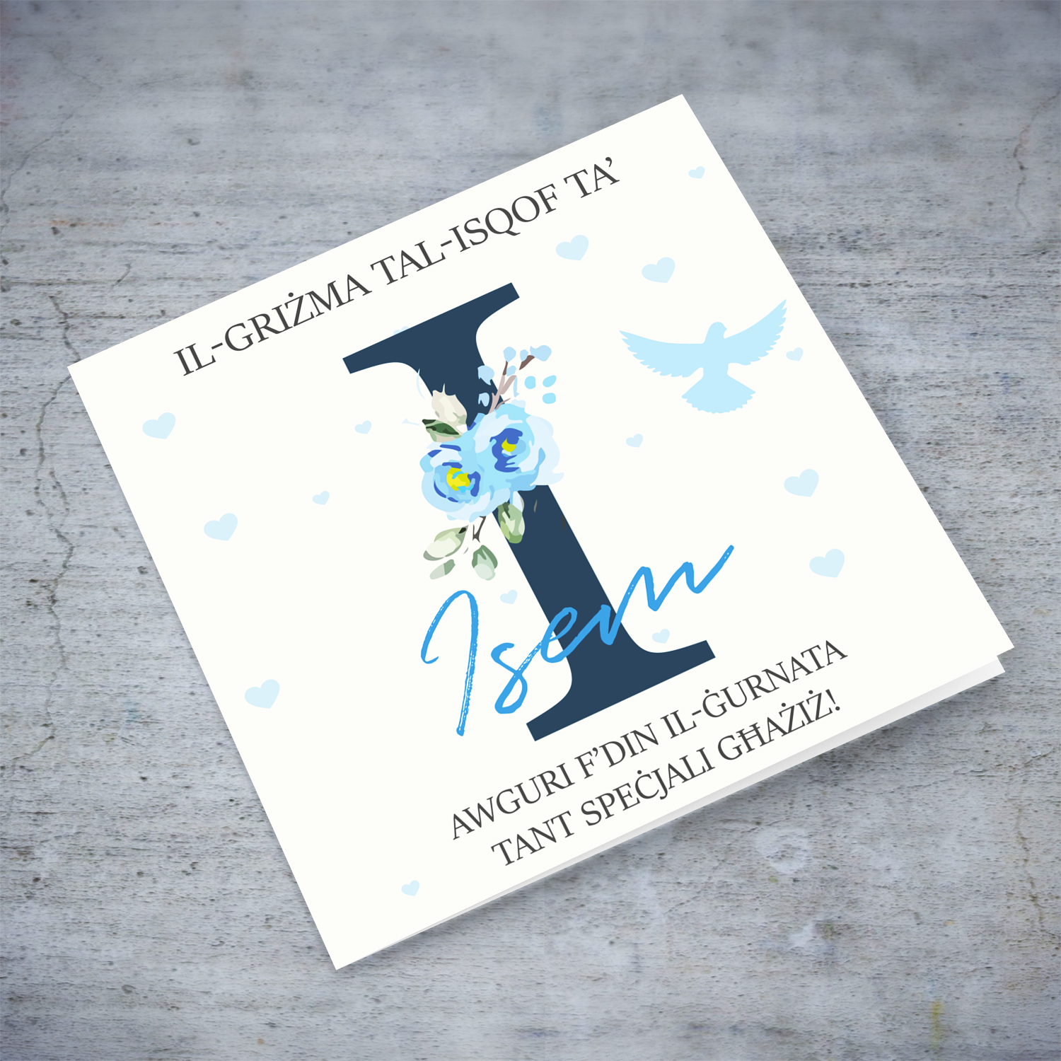 I - Initial Confirmation Card for Boys, with Holy Spirit in Maltese