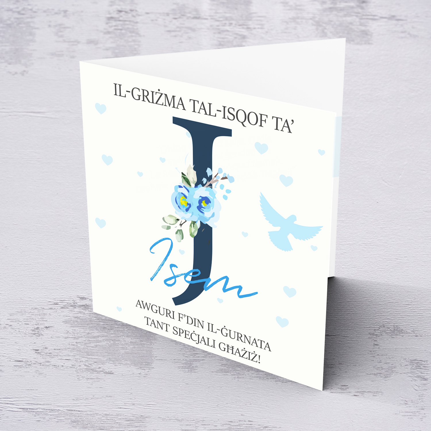 J - Initial Confirmation Card for Boys, with Holy Spirit in Maltese