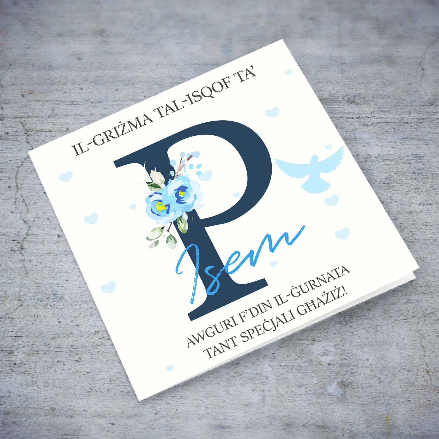 P - Initial Confirmation Card for Boys, with Holy Spirit in Maltese