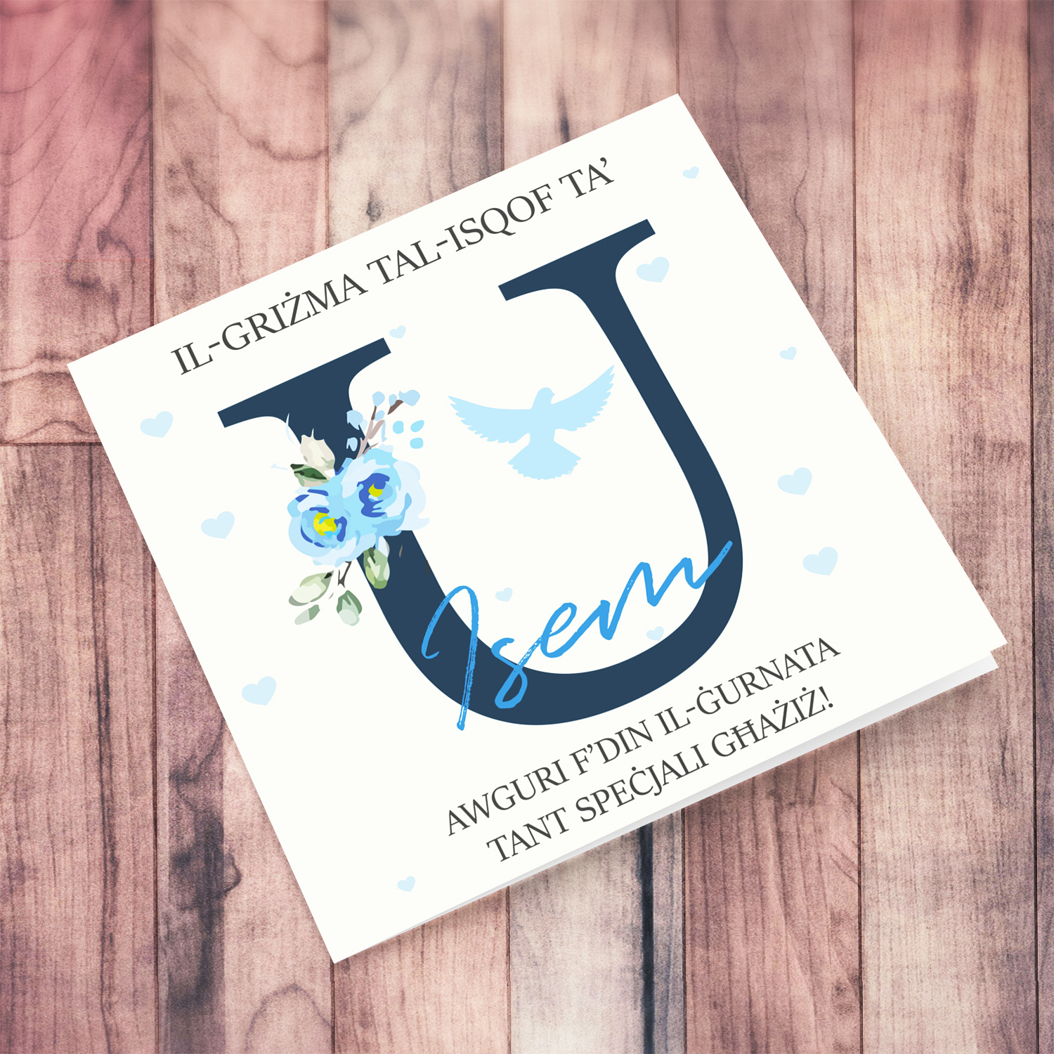 U - Initial Confirmation Card for Boys, with Holy Spirit in Maltese