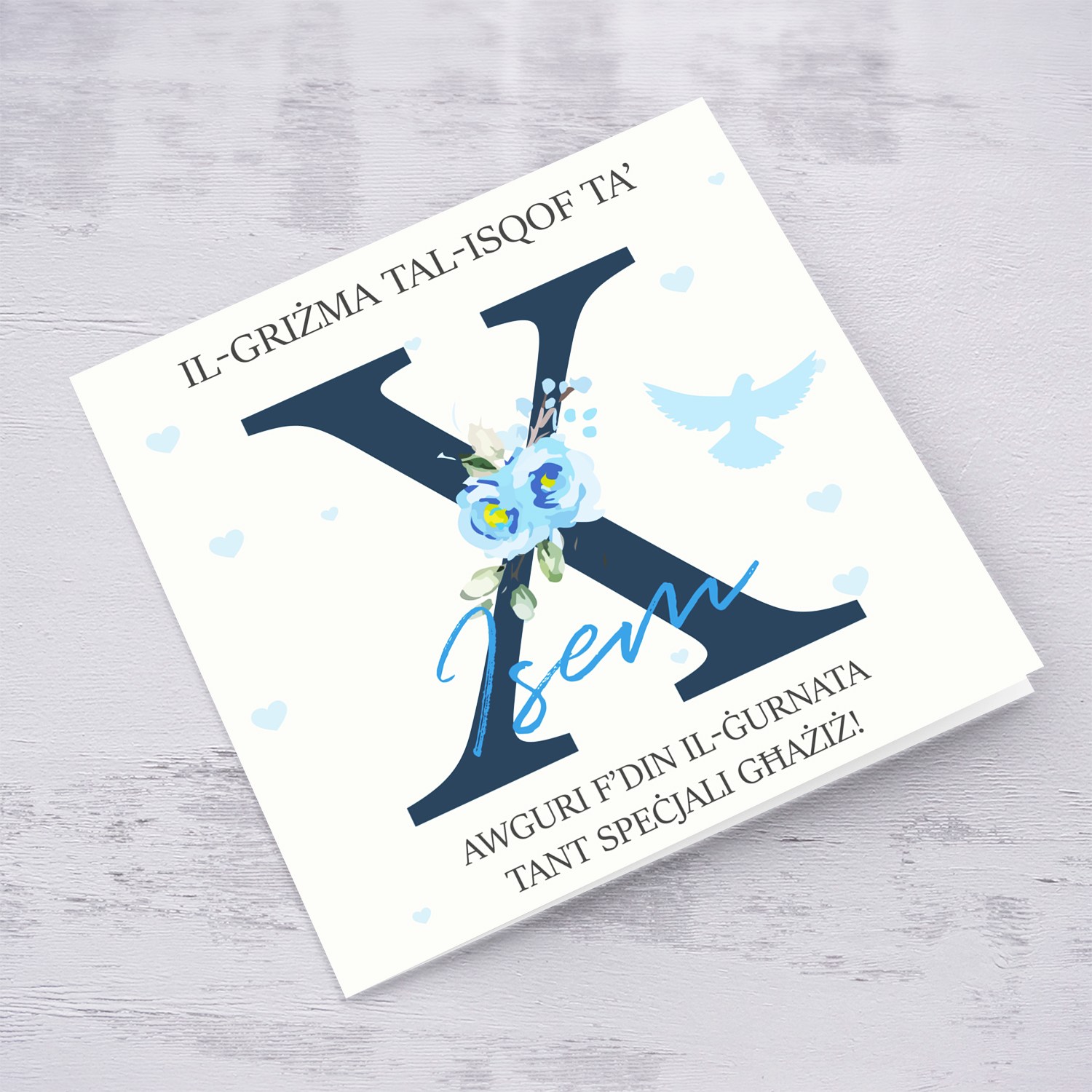 X - Initial Confirmation Card for Boys, with Holy Spirit in Maltese