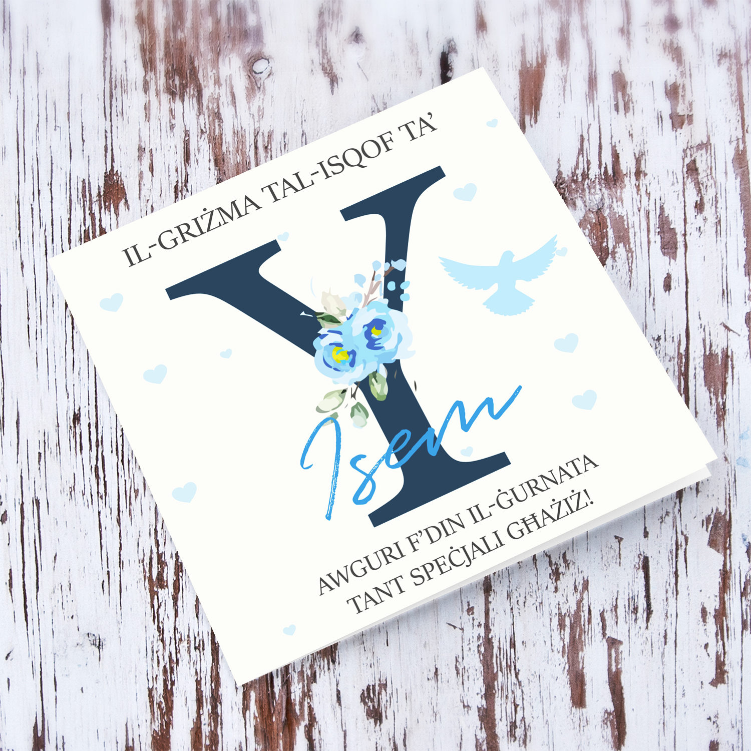 Y - Initial Confirmation Card for Boys, with Holy Spirit in Maltese