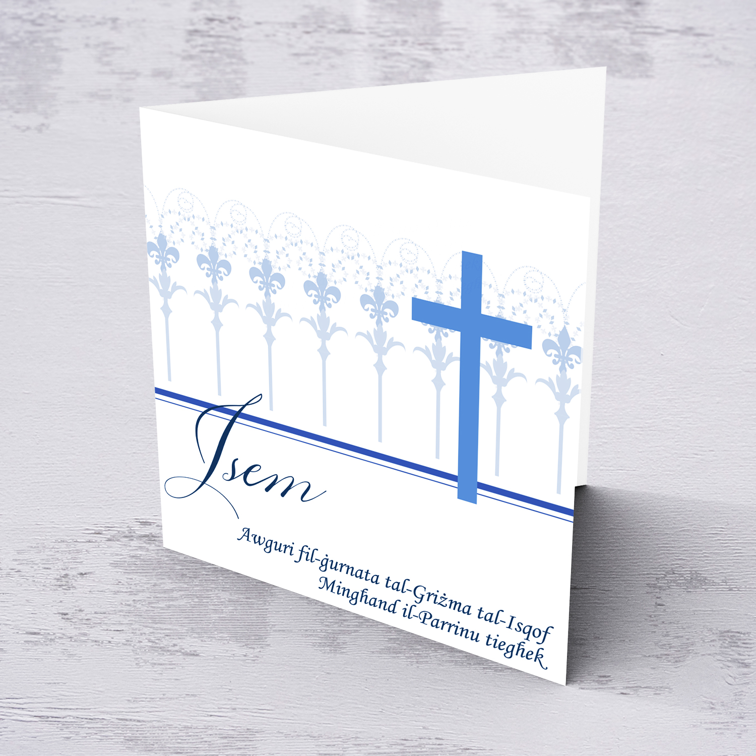 Confirmation card with blue cross from Sponsor / Parrinu in Maltese (Personalisable)