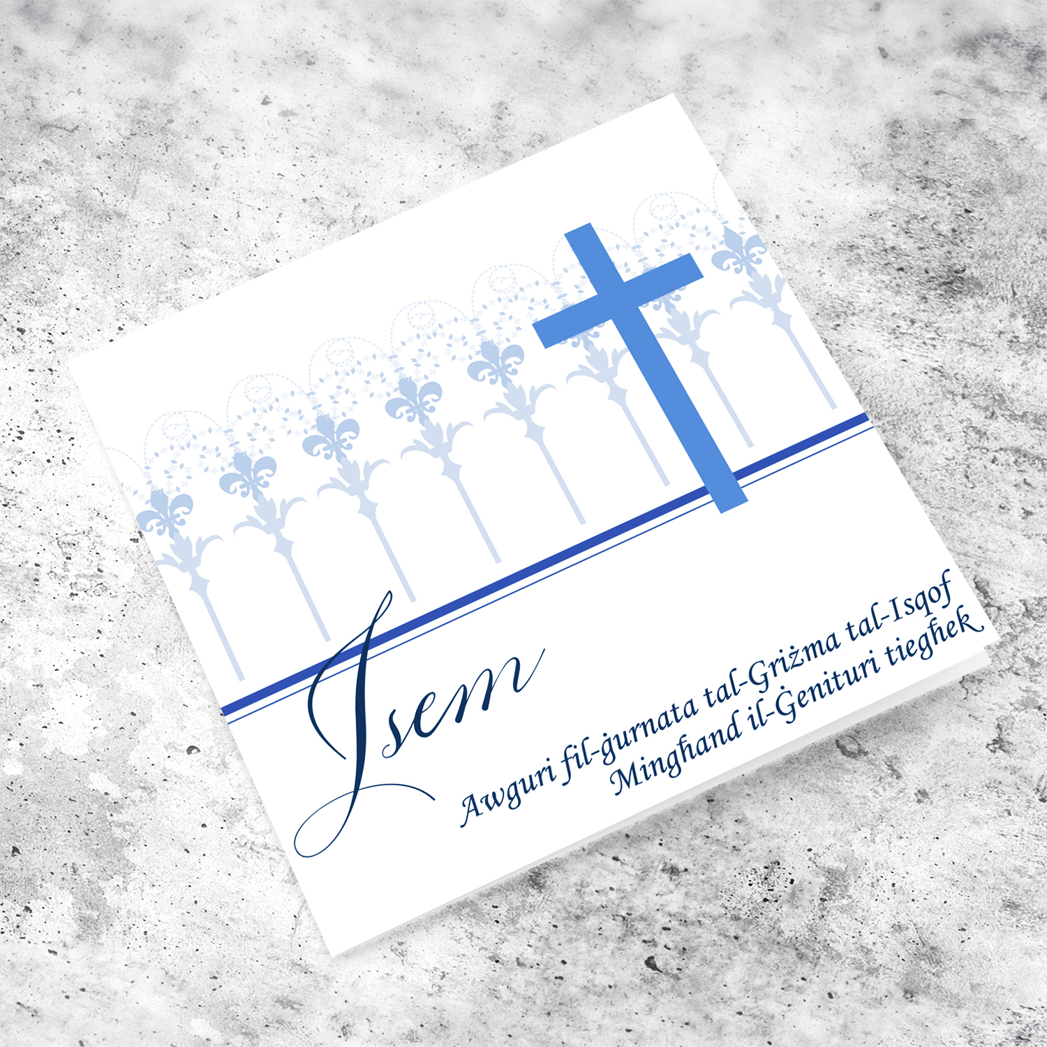 Confirmation card with blue cross from parents in Maltese (Personalisable)