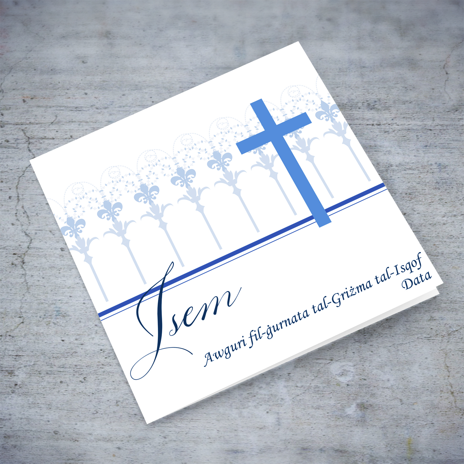 Confirmation card with blue cross in Maltese (Personalisable)